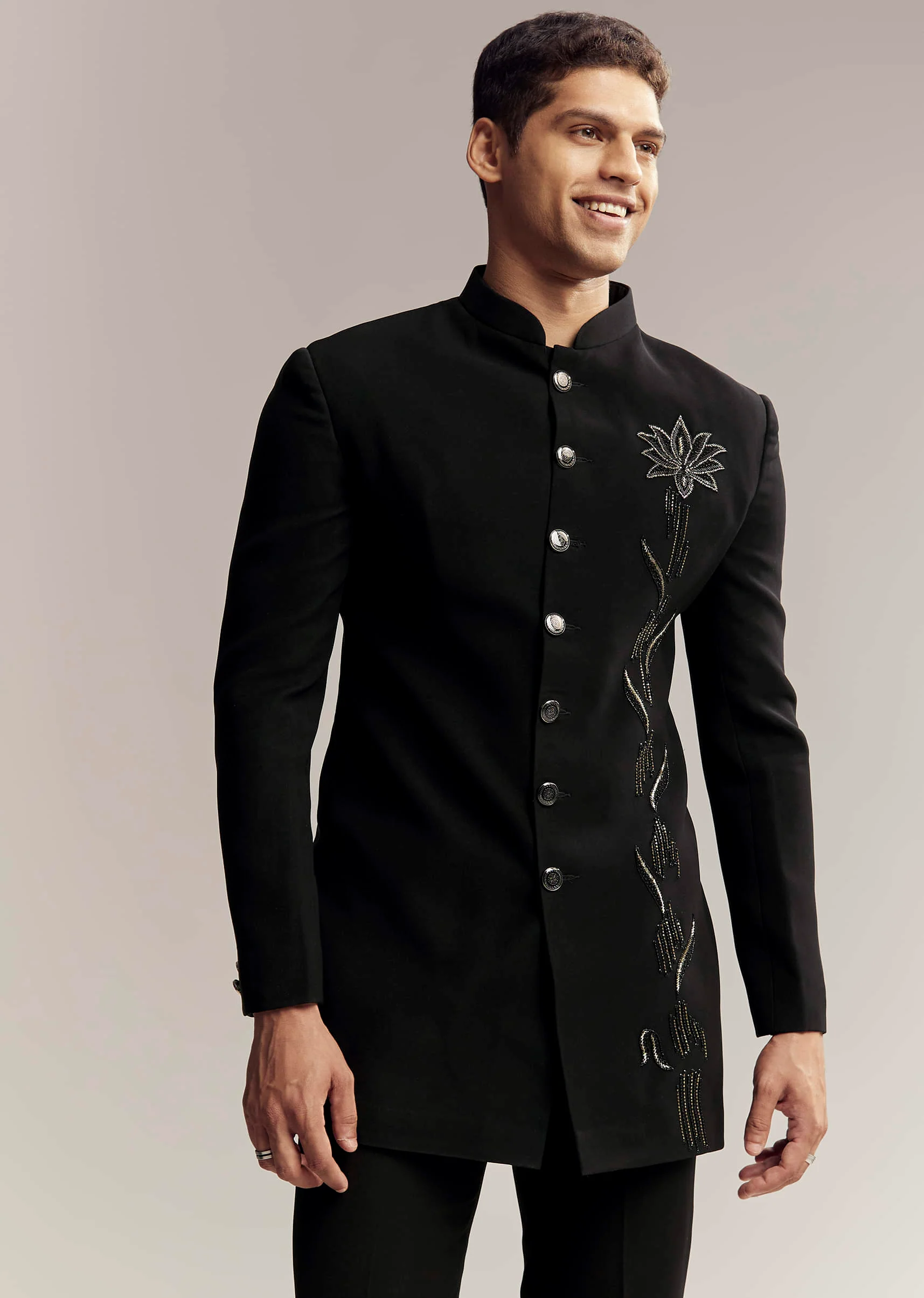 Black Indo Western For Men With Heavy Embroidery On Suiting Fabric - Image 4
