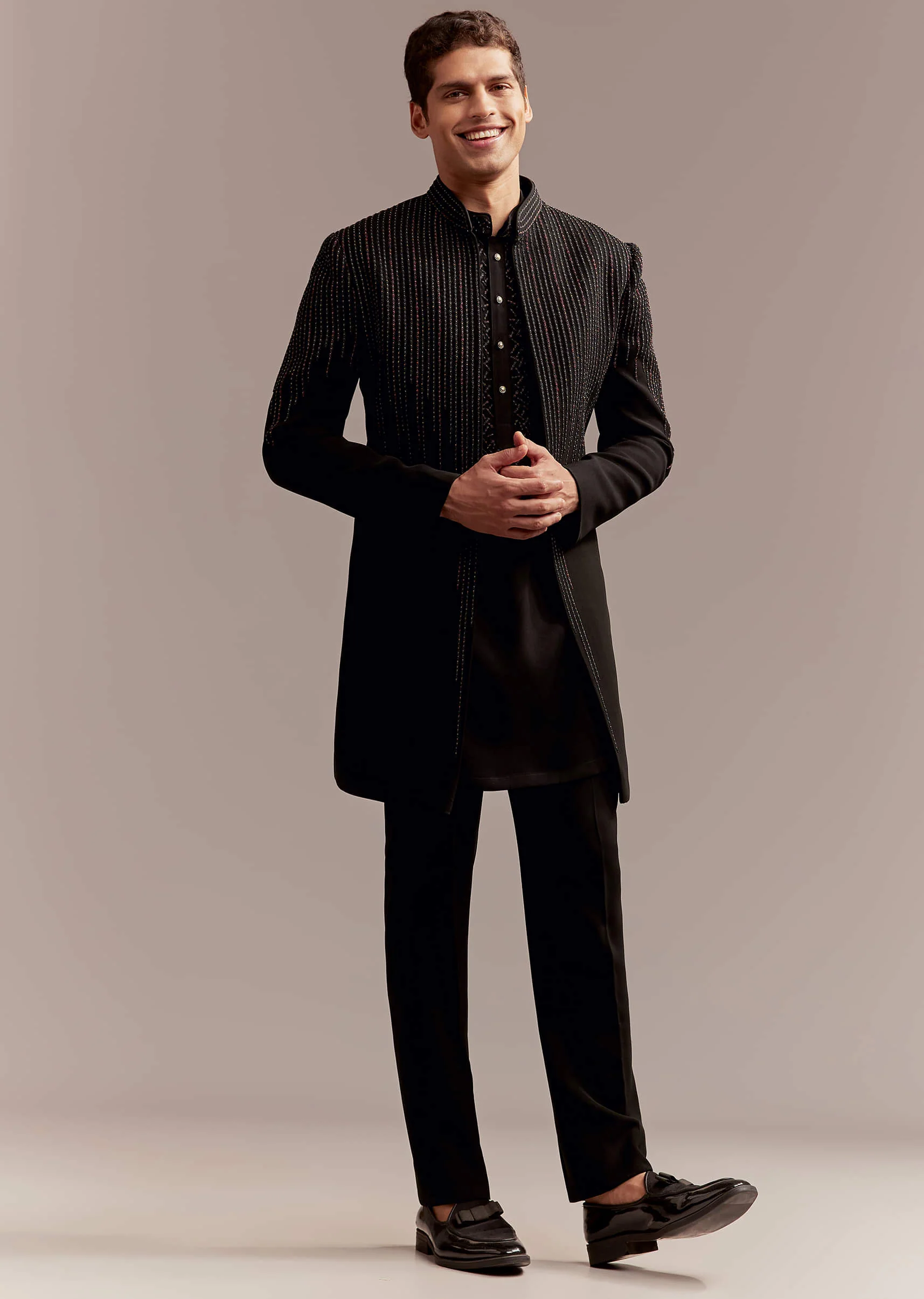 Black Indo Western Kurta Set For Men With Resham And Bead Embroidery - Image 3