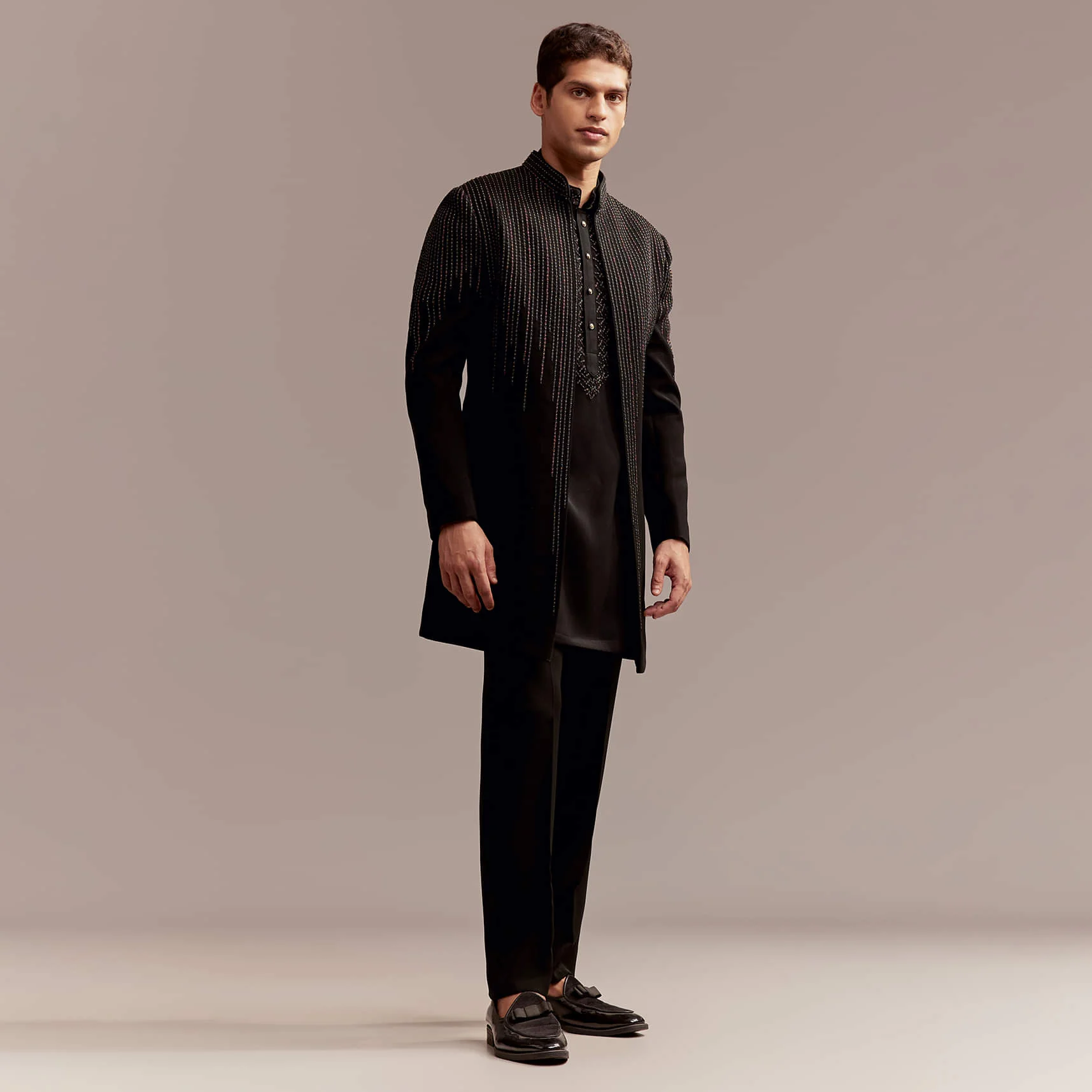 Black Indo Western Kurta Set For Men With Resham And Bead Embroidery - Image 4
