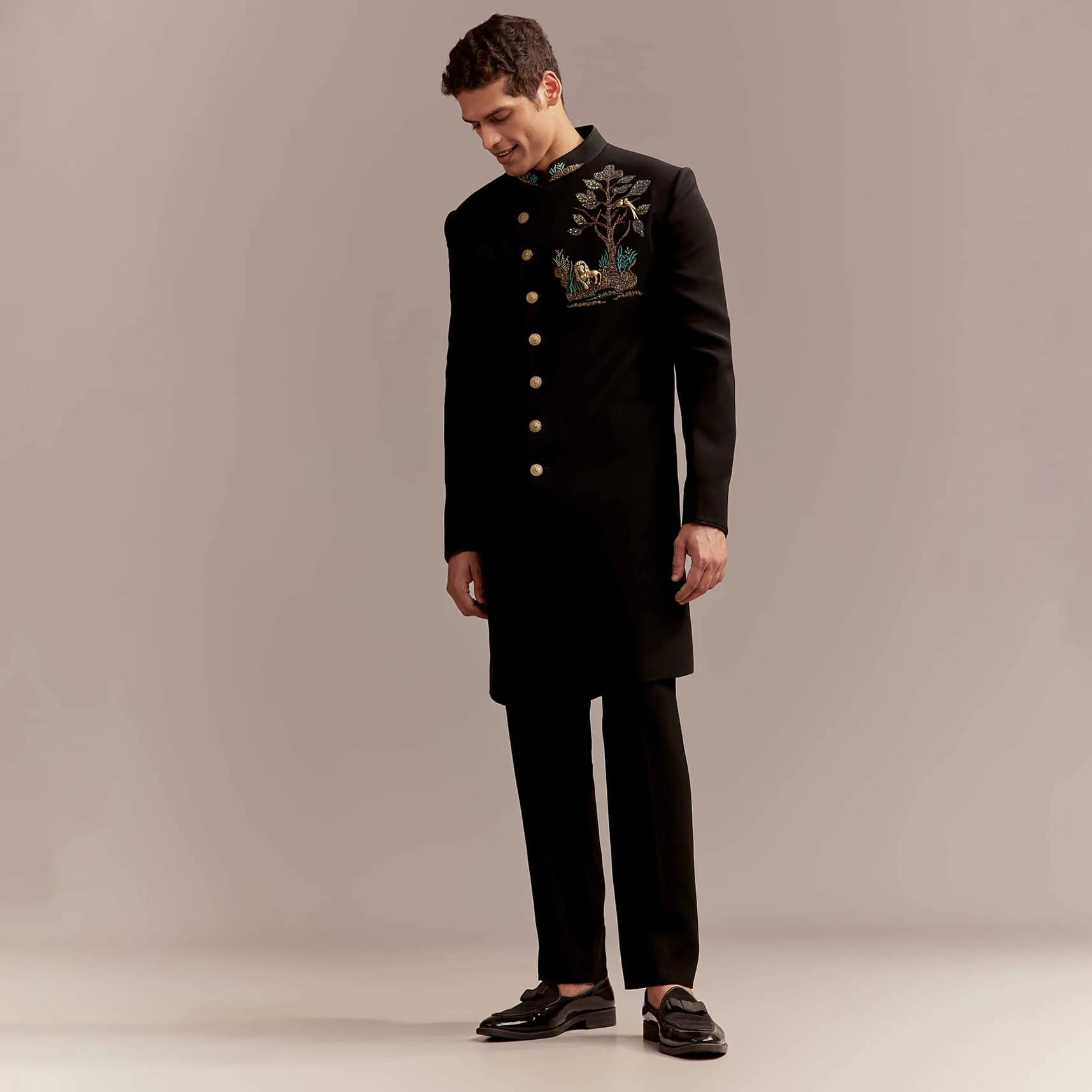 Black Indo Western Set For Men With Nawabi Brooch And Embroidery - Image 4