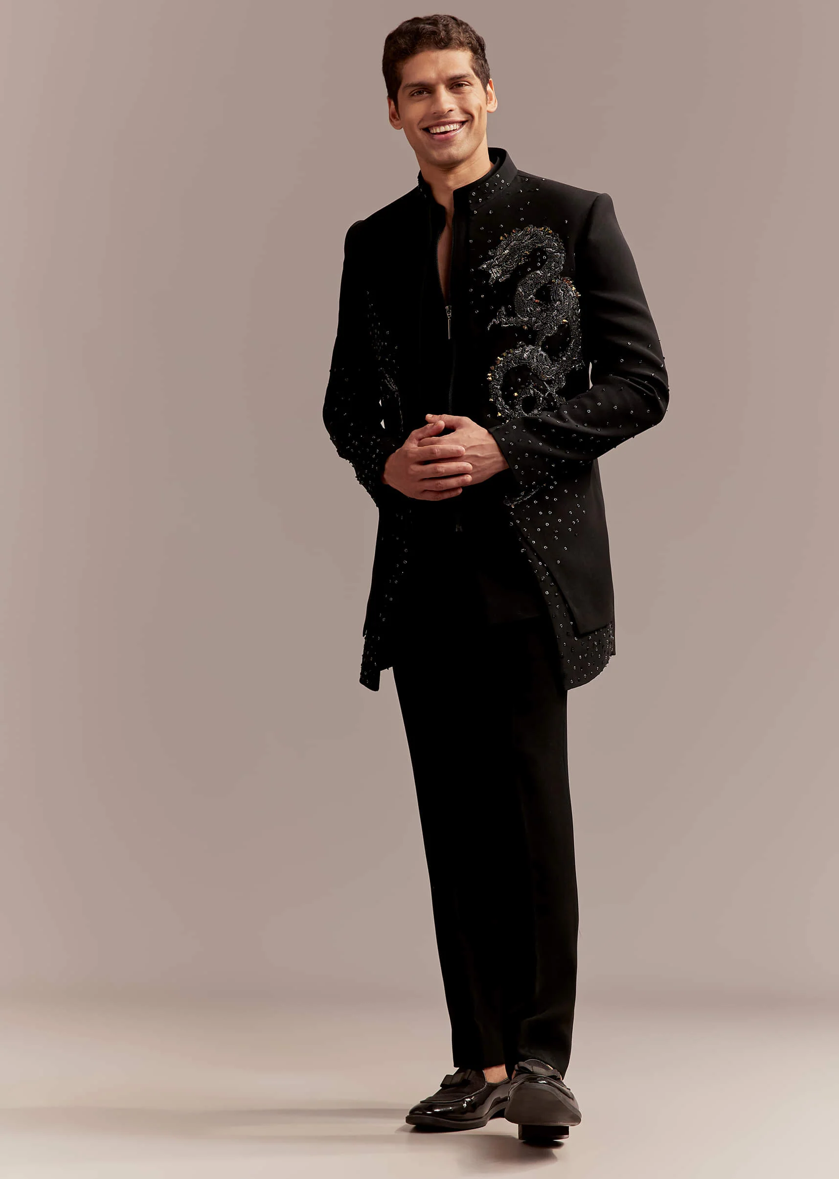 Black Indo Western Set For Men With Zardosi Dragon Motif - Image 3