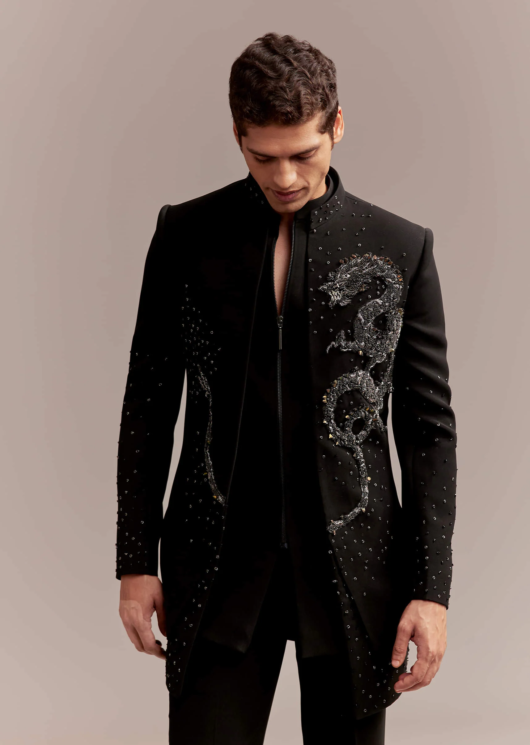 Black Indo Western Set For Men With Zardosi Dragon Motif - Image 5