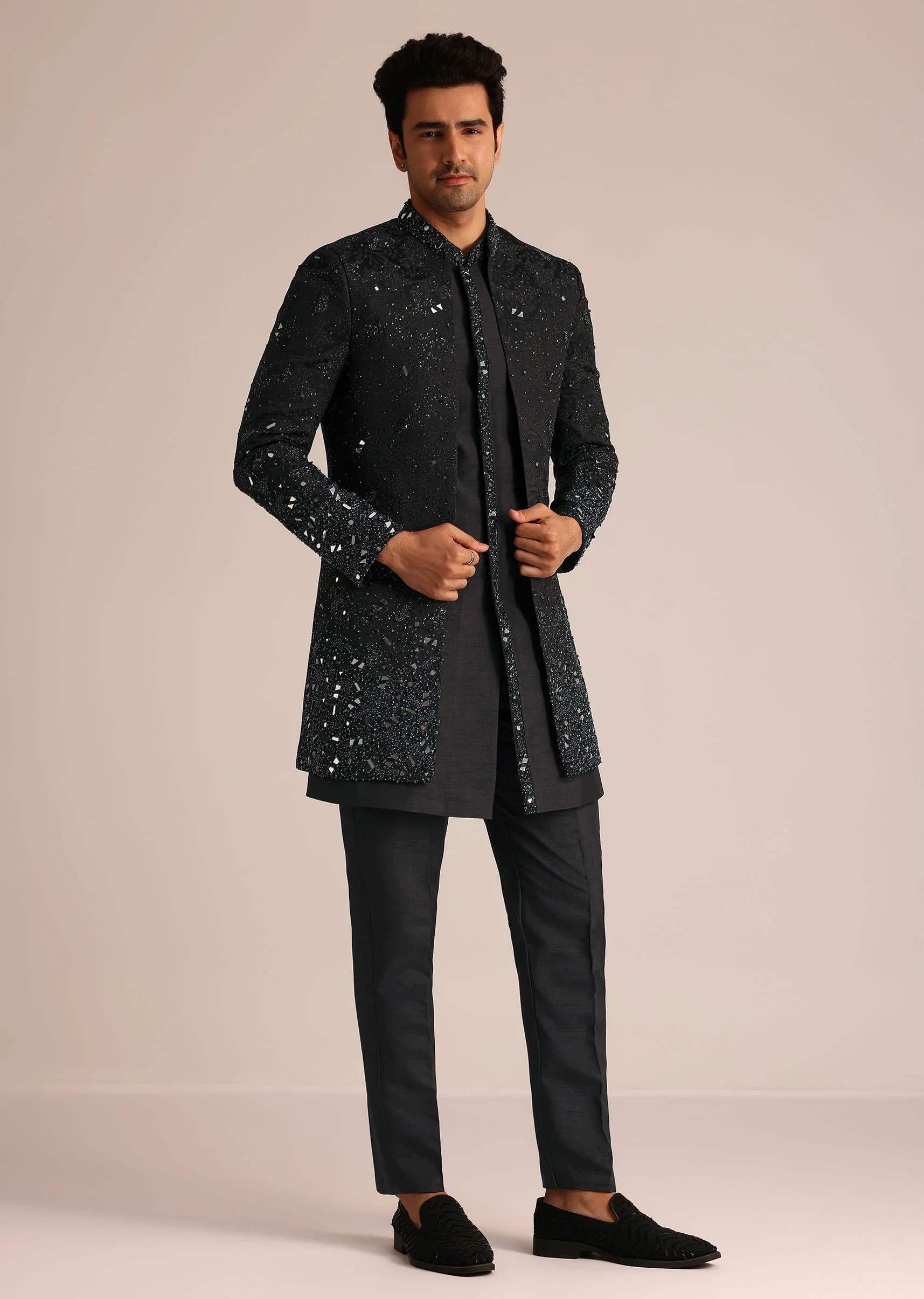 Black Indo Western Set With Mirror Work - Image 2