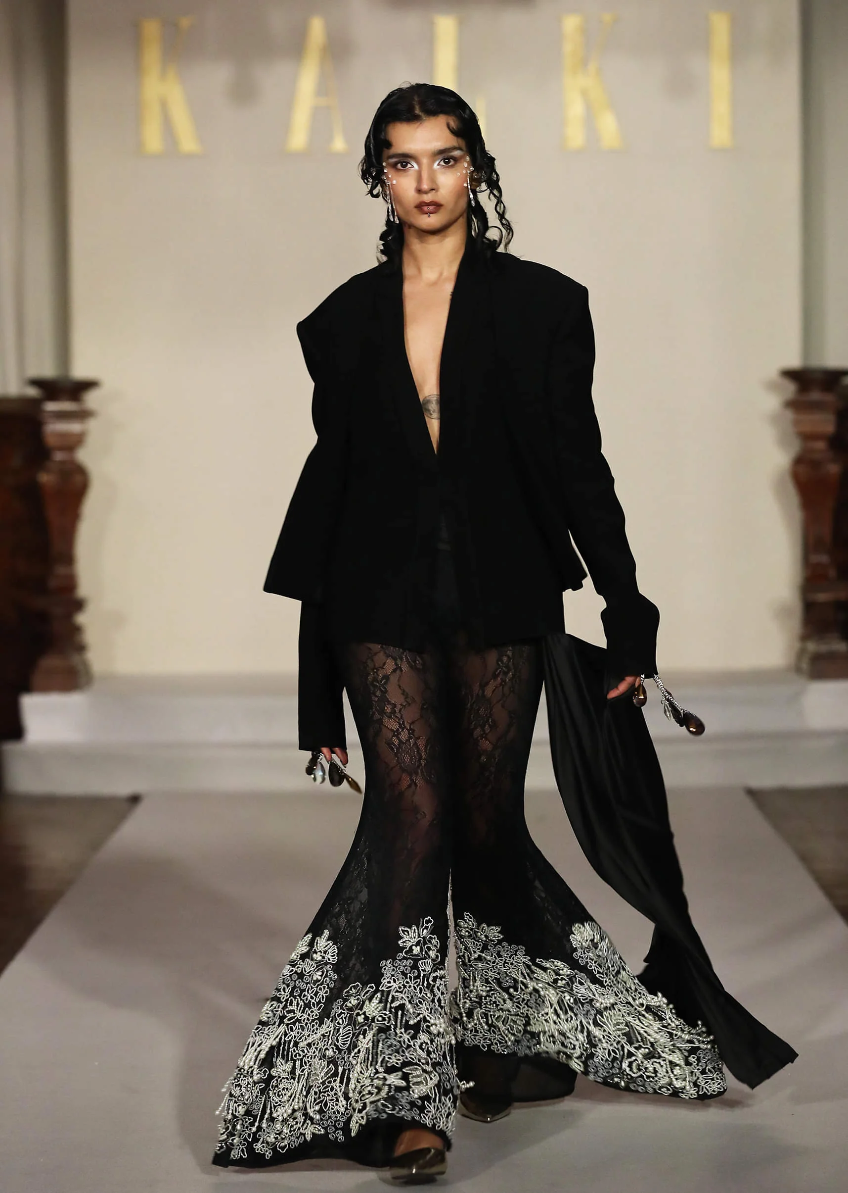Black Indo Western Suit For Women With Pearl Tasselled Pants