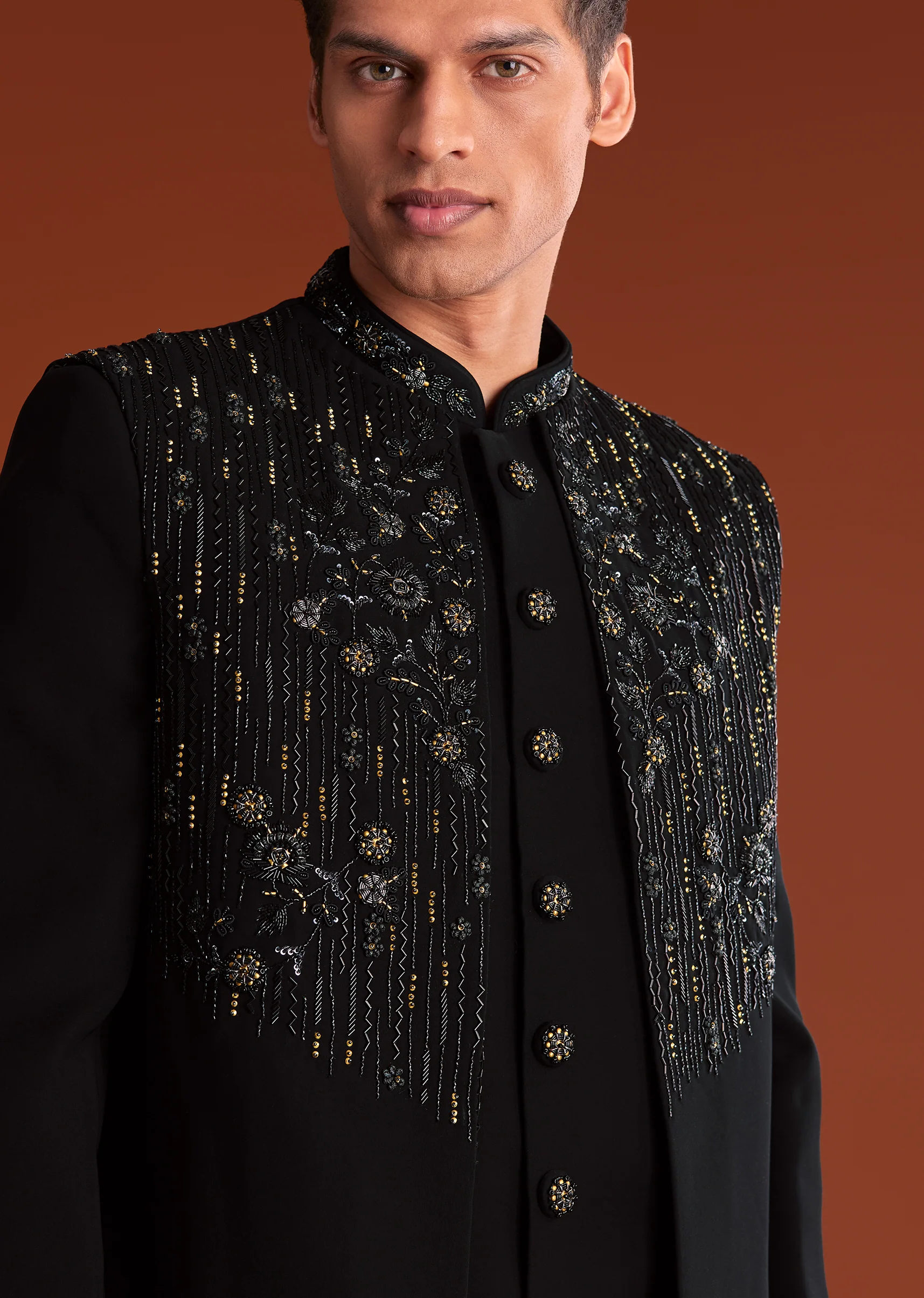 Black Indowestern Jacket Set With Zari And Pearl Work - Image 2