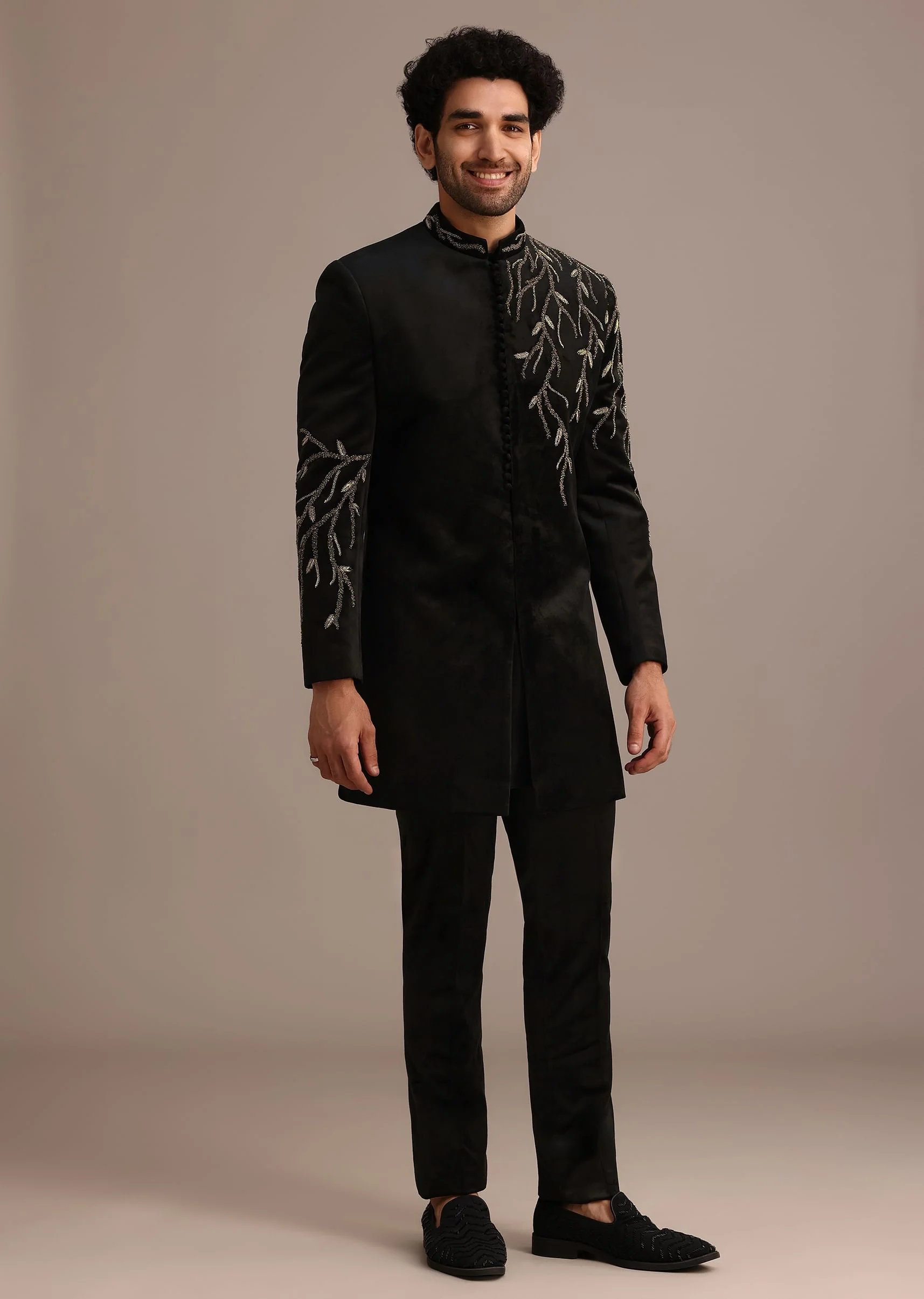 Black Jacquard Indo Western Set with Zardozi Work - Image 3