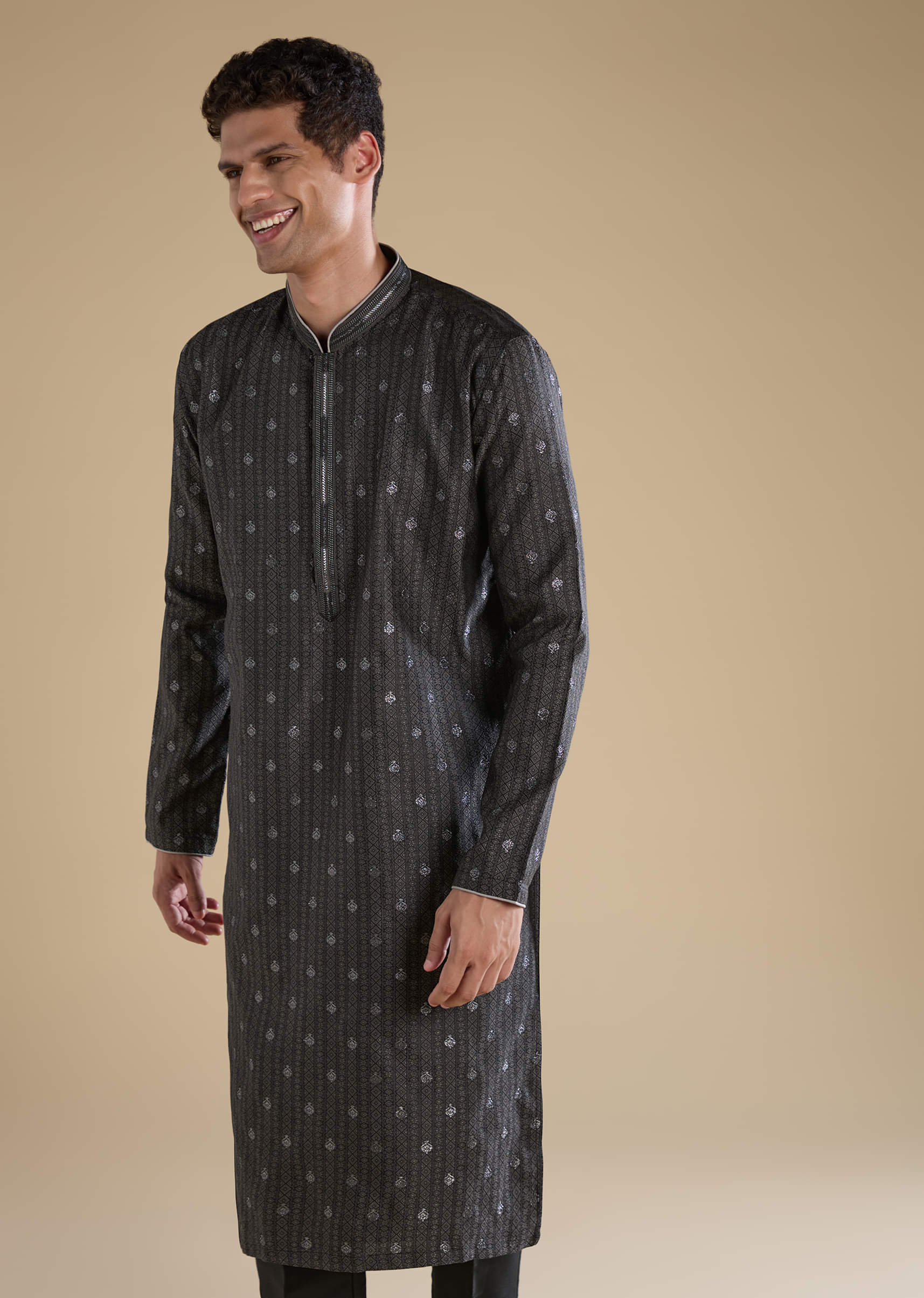 Black Jacquard Textured Mens Kurta and Pant Set - Image 4