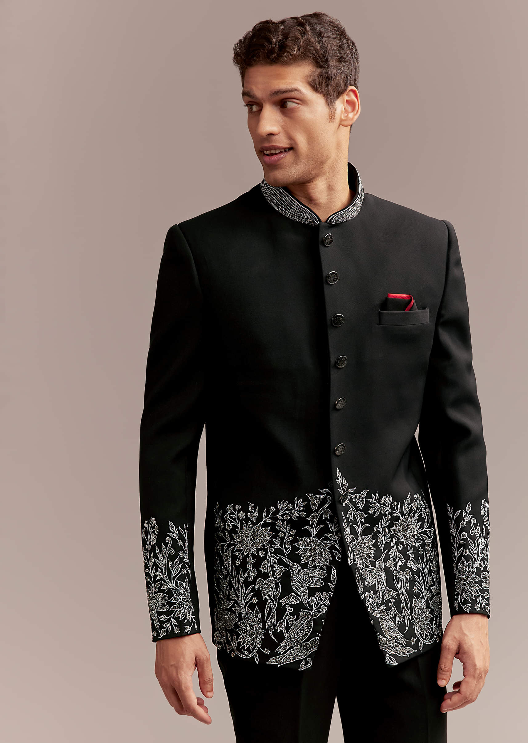 Black Jodhpuri Suit For Men With Silver Floral And Bird Embroidery - Image 2