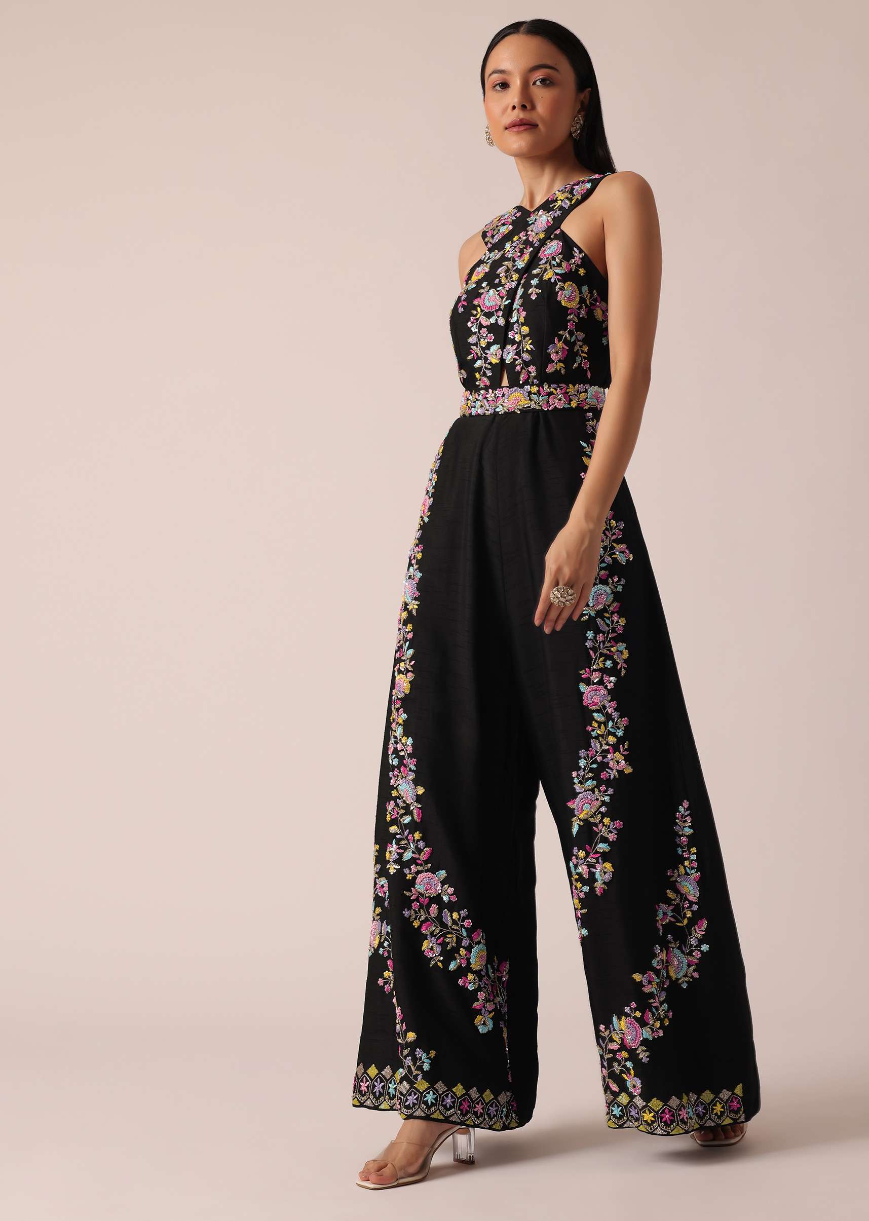 Black Jumpsuit With Floral Motif Embroidery - Image 3