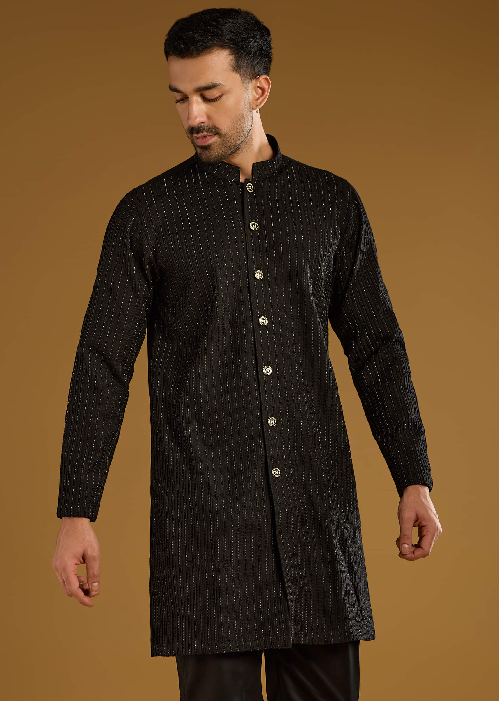 Black Kurta Jacket Set For Men With Beads Embroidery - Image 4