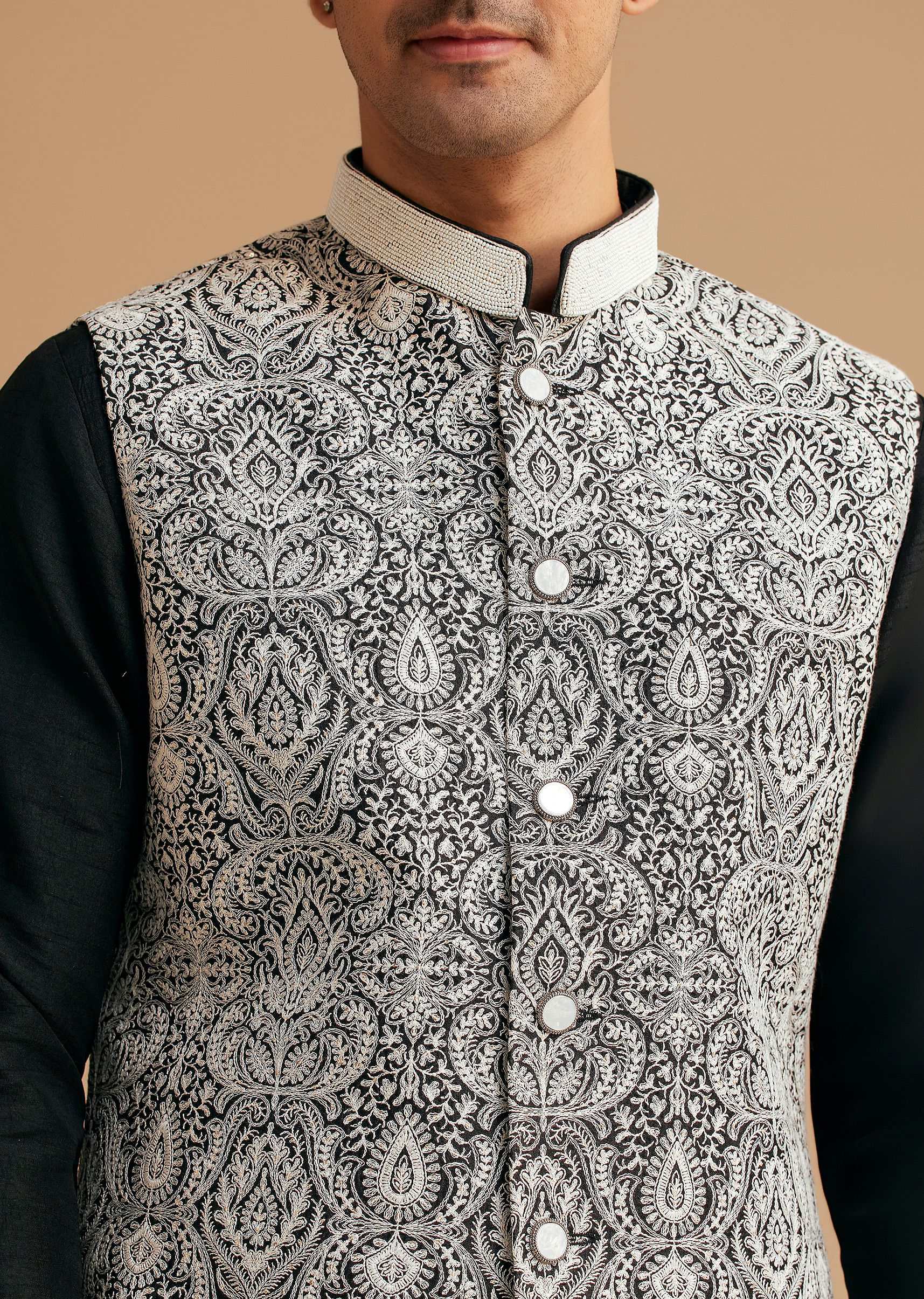 Black Kurta Jacket Set With Resham Work And Hand Embroidered Collar - Image 2