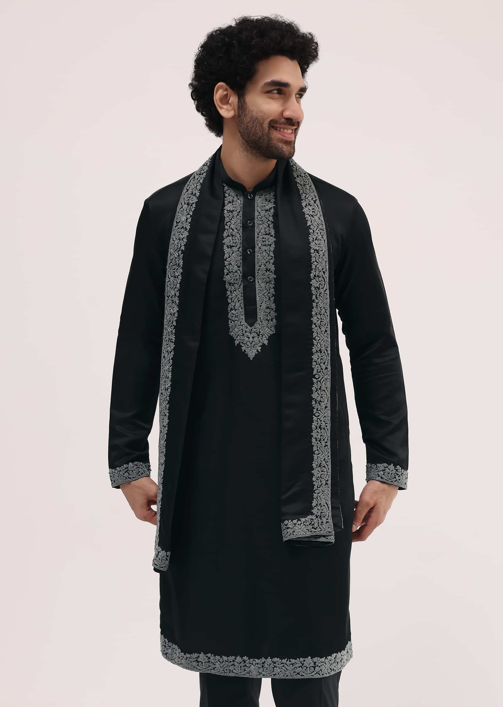 Black Kurta Set In Resham Work With Dupatta For Men - Image 2