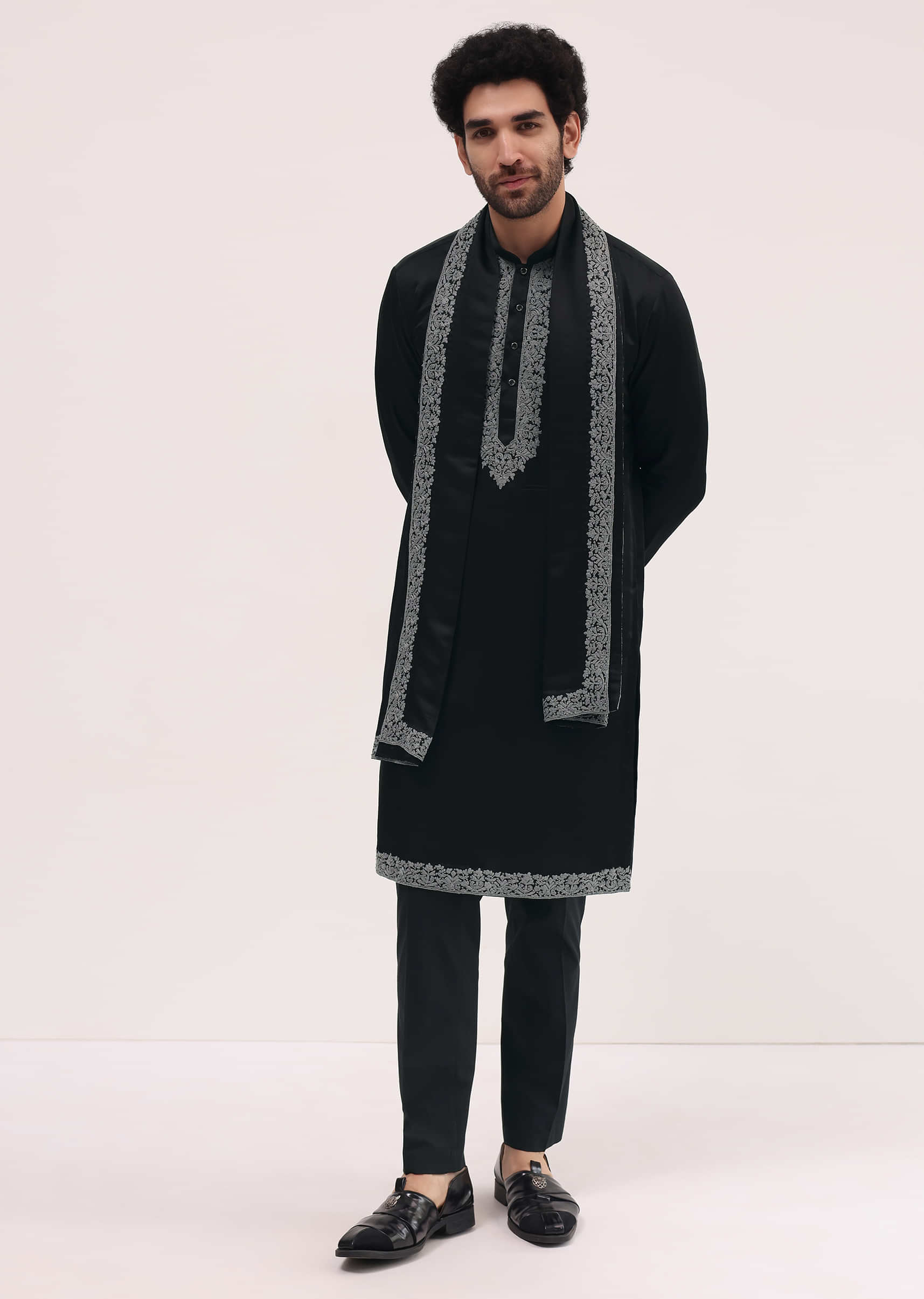 Black Kurta Set In Resham Work With Dupatta For Men - Image 3