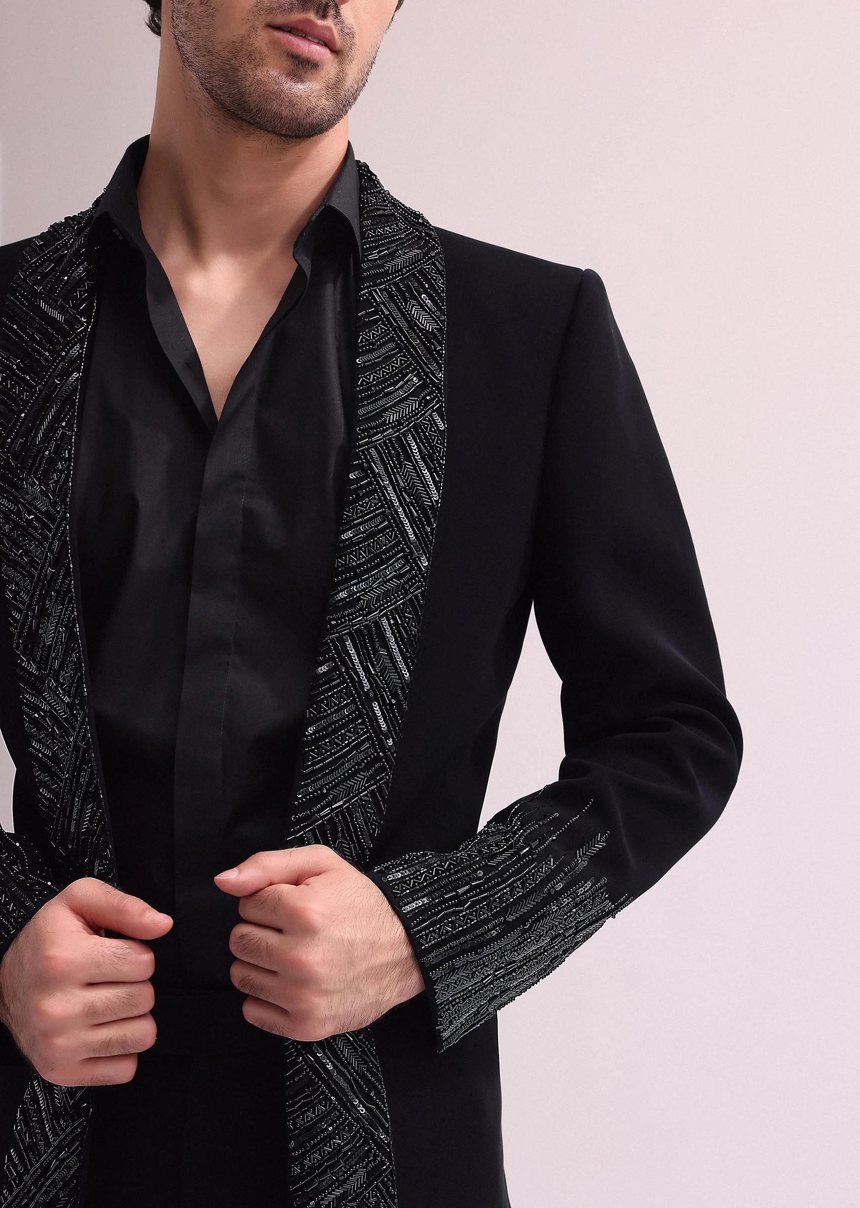 Black Lapel Tuxedo In Suiting With Shirt And Pants - Image 3