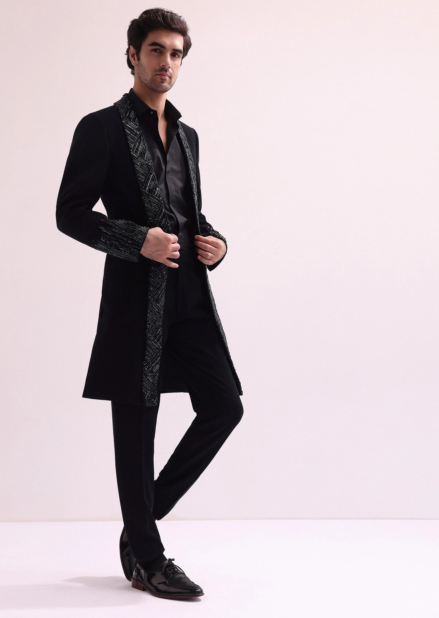Black Lapel Tuxedo In Suiting With Shirt And Pants - Image 4