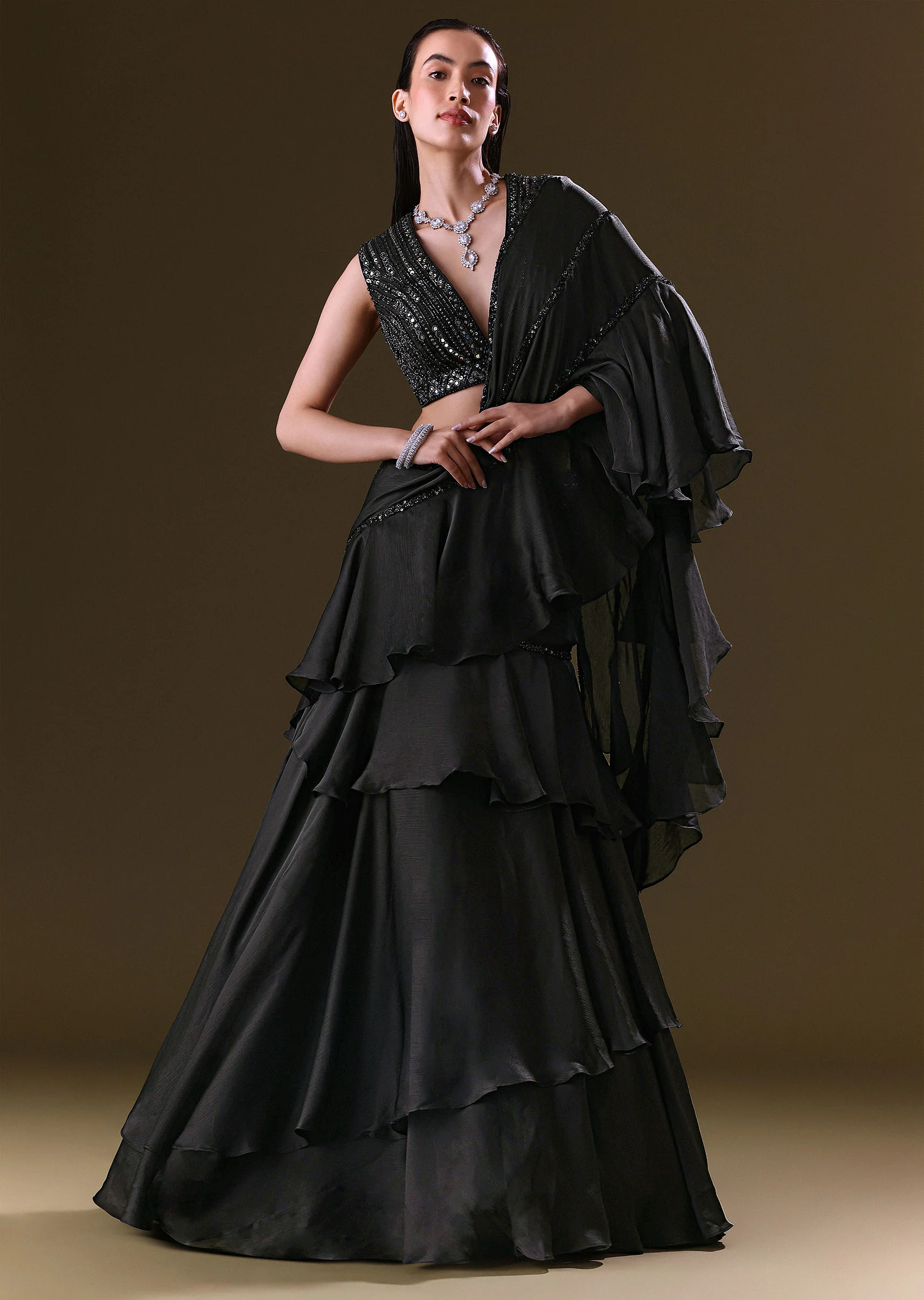 Black Lehenga Choli Set With Attached Dupatta - Image 3