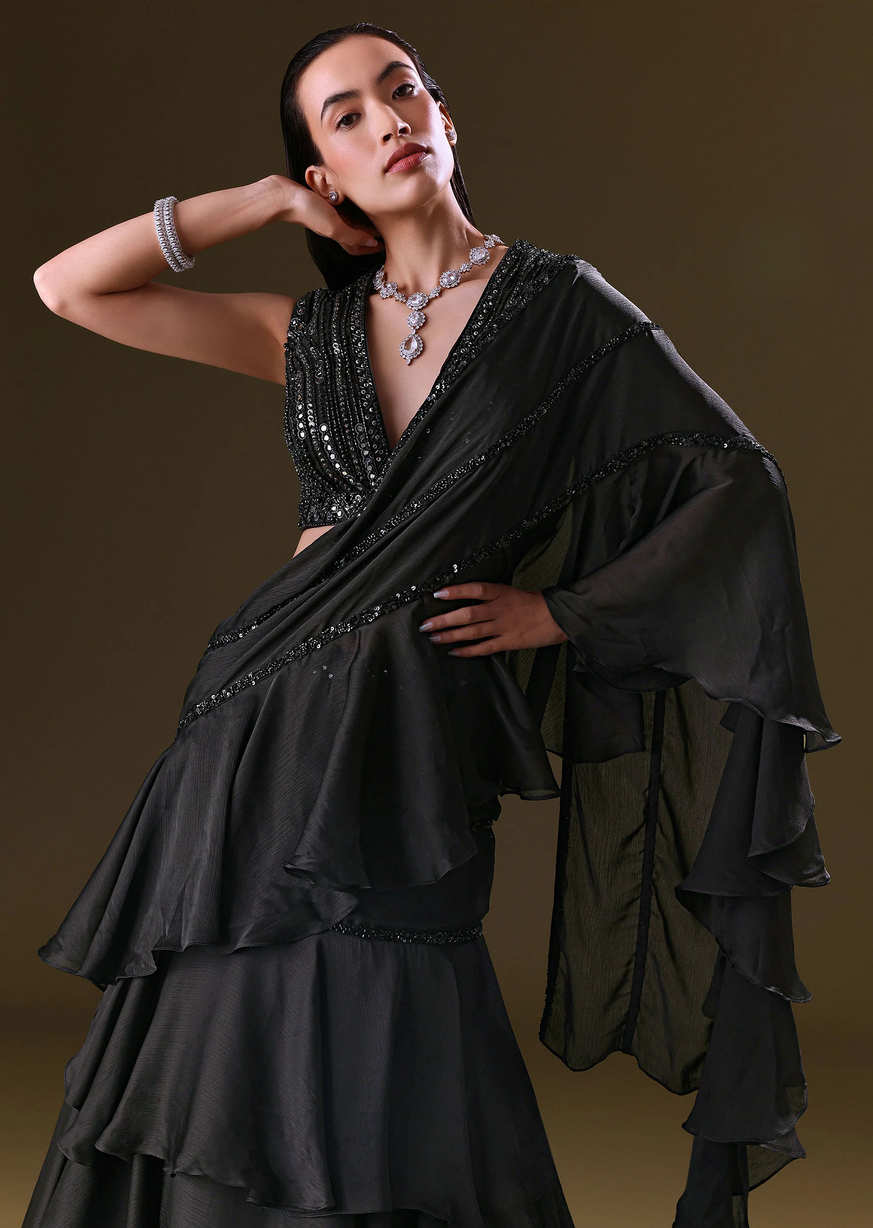 Black Lehenga Choli Set With Attached Dupatta - Image 4