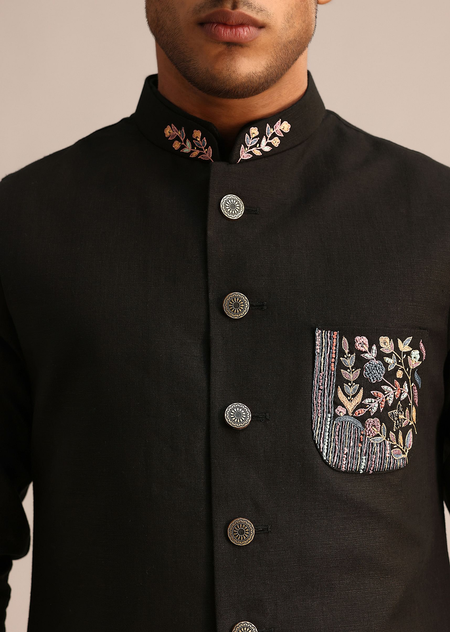 Black Linen Floral Resham Work Jacket Kurta Set - Image 3