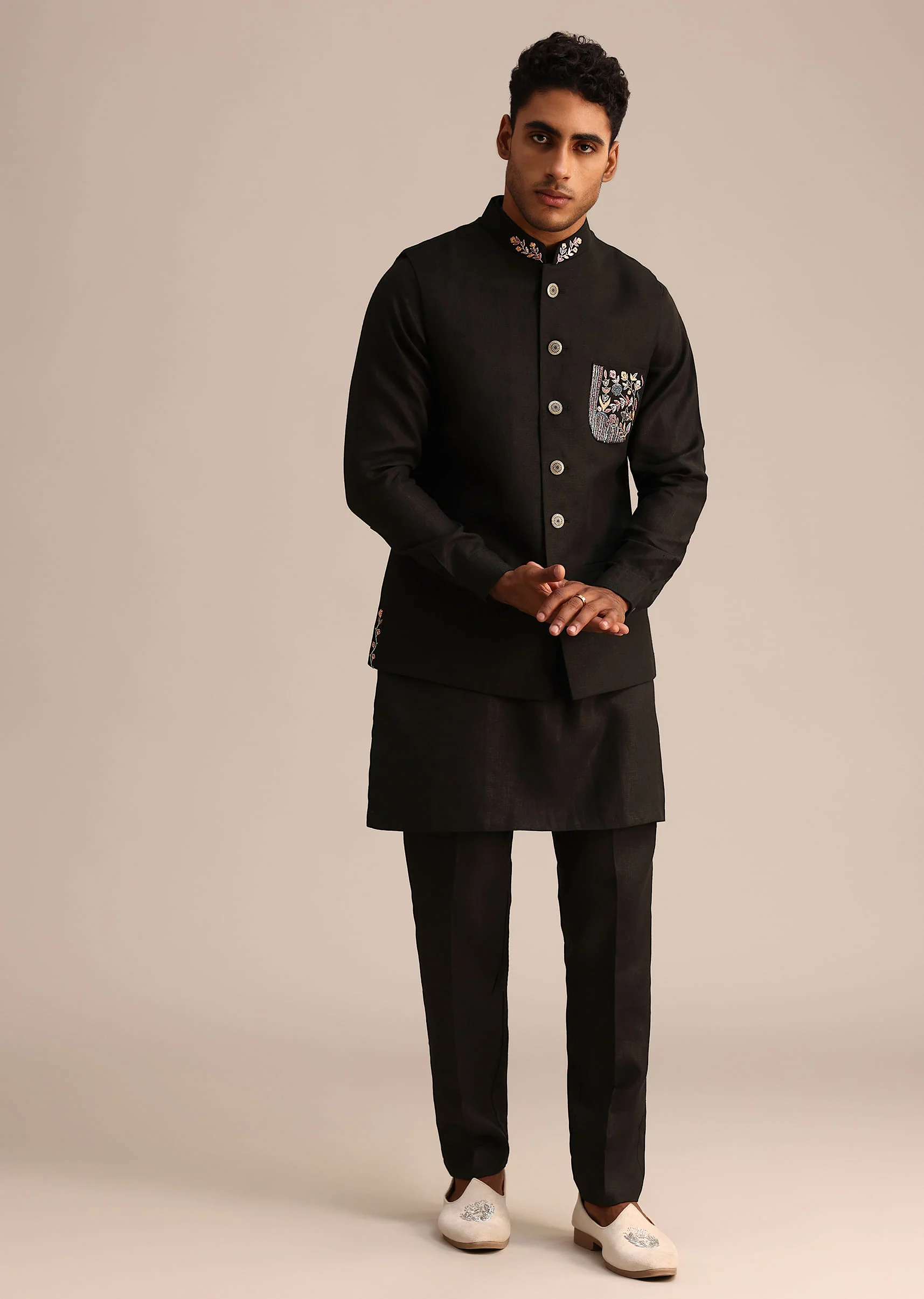 Black Linen Floral Resham Work Jacket Kurta Set - Image 4