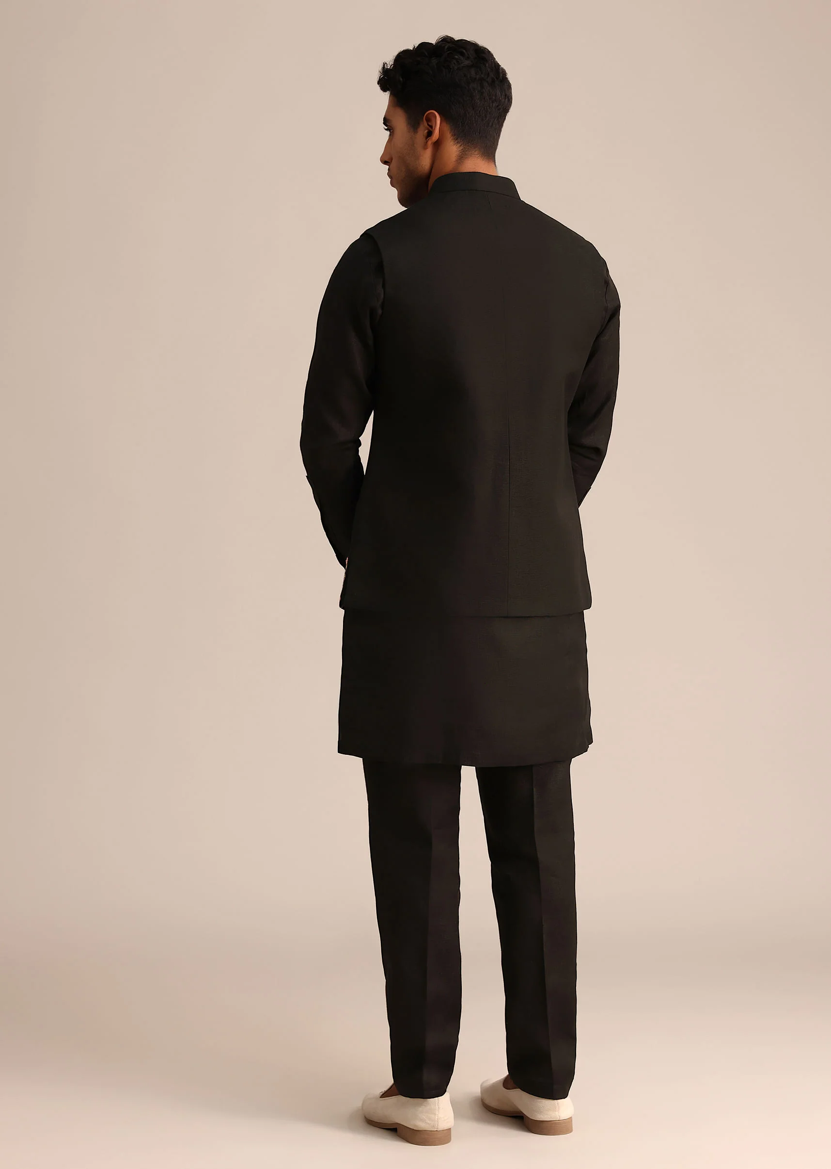 Black Linen Floral Resham Work Jacket Kurta Set - Image 5