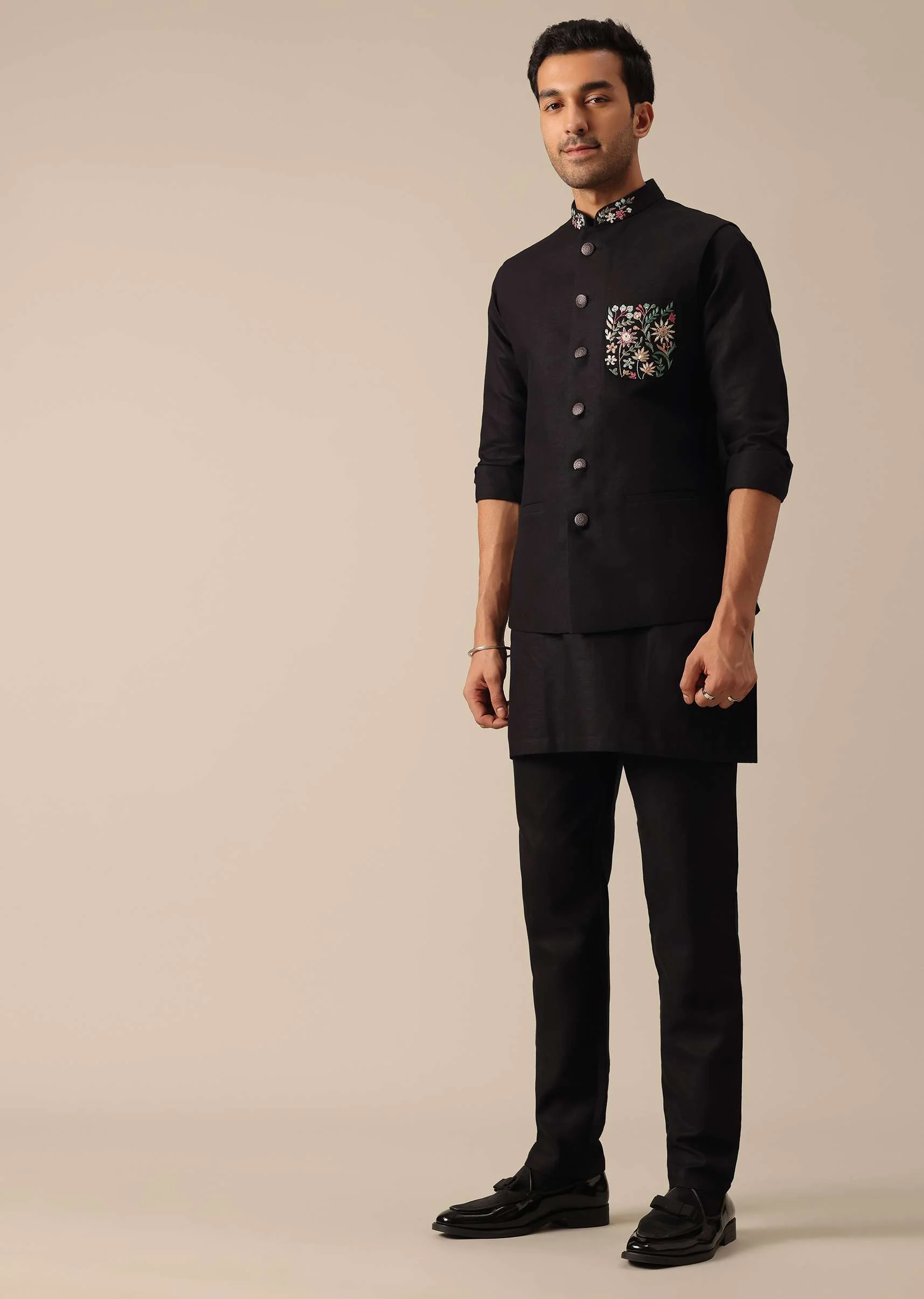 Black Linen Jacket And Kurta Set - Image 2