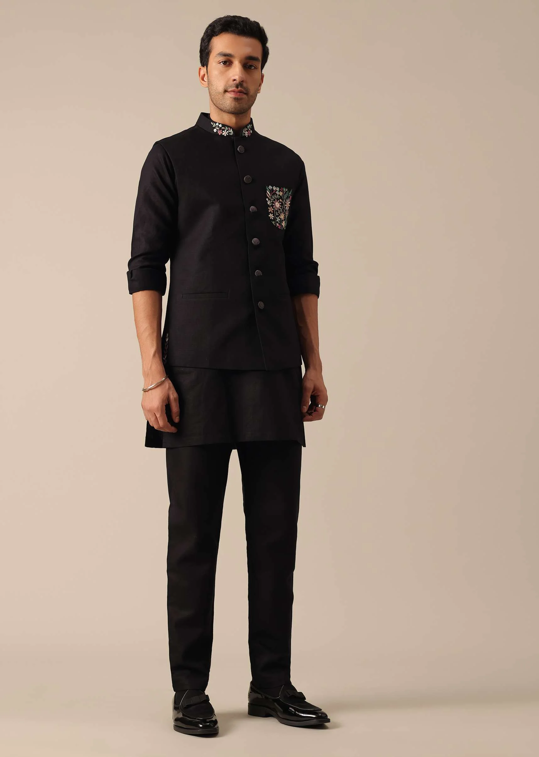 Black Linen Jacket And Kurta Set - Image 4