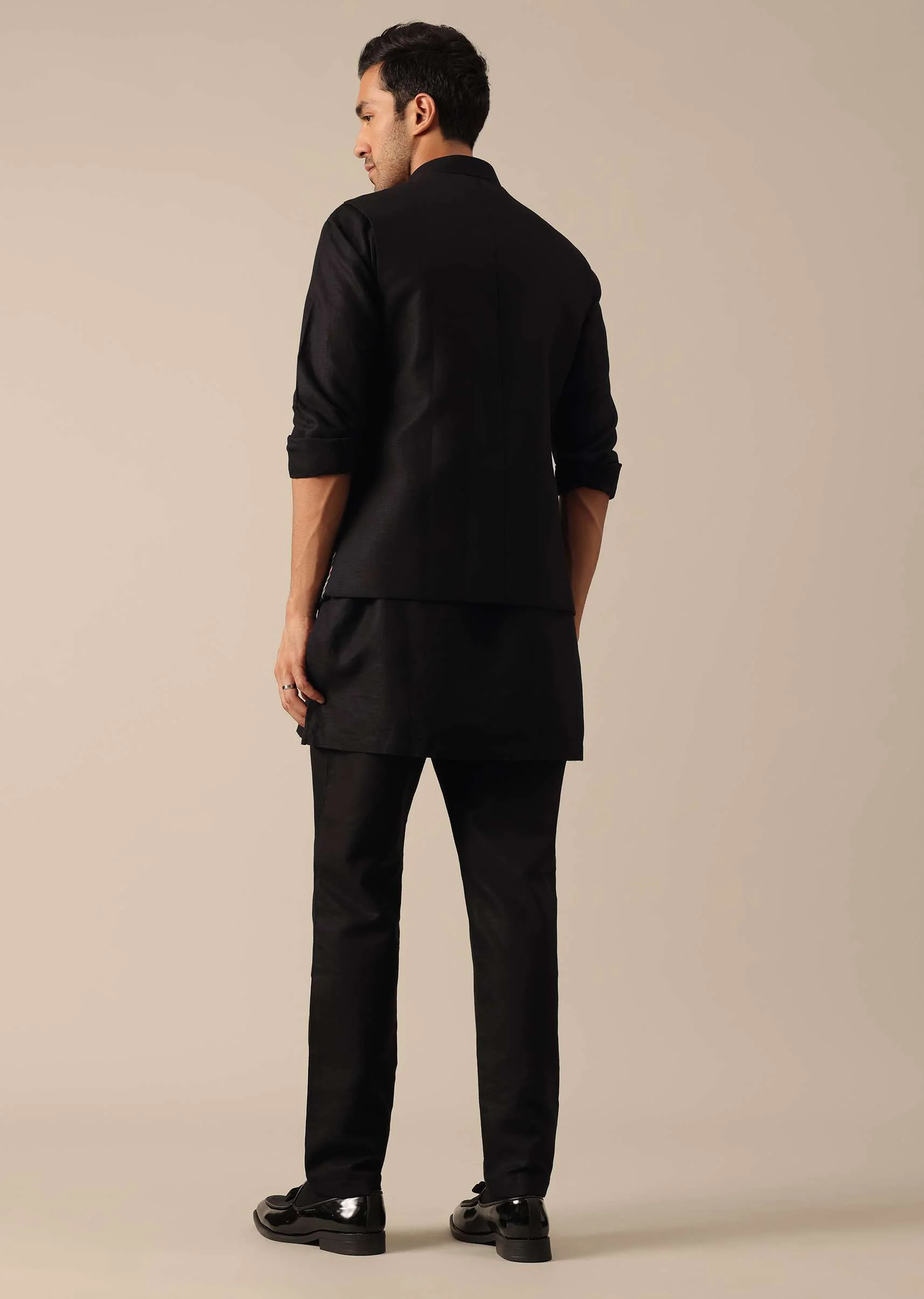 Black Linen Jacket And Kurta Set - Image 5