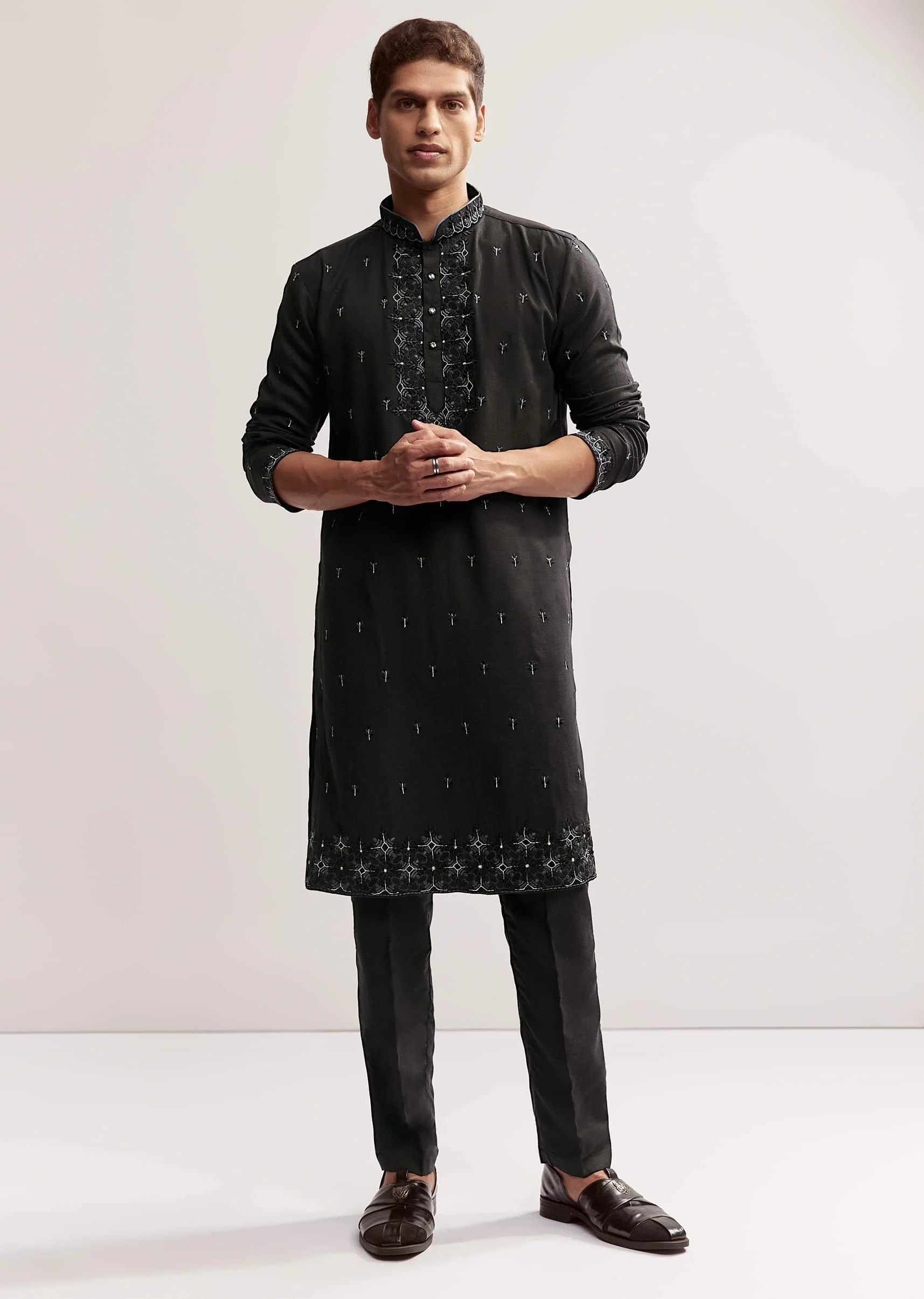 Black Linen Kurta Set For Men With Resham And Moti Work - Image 2
