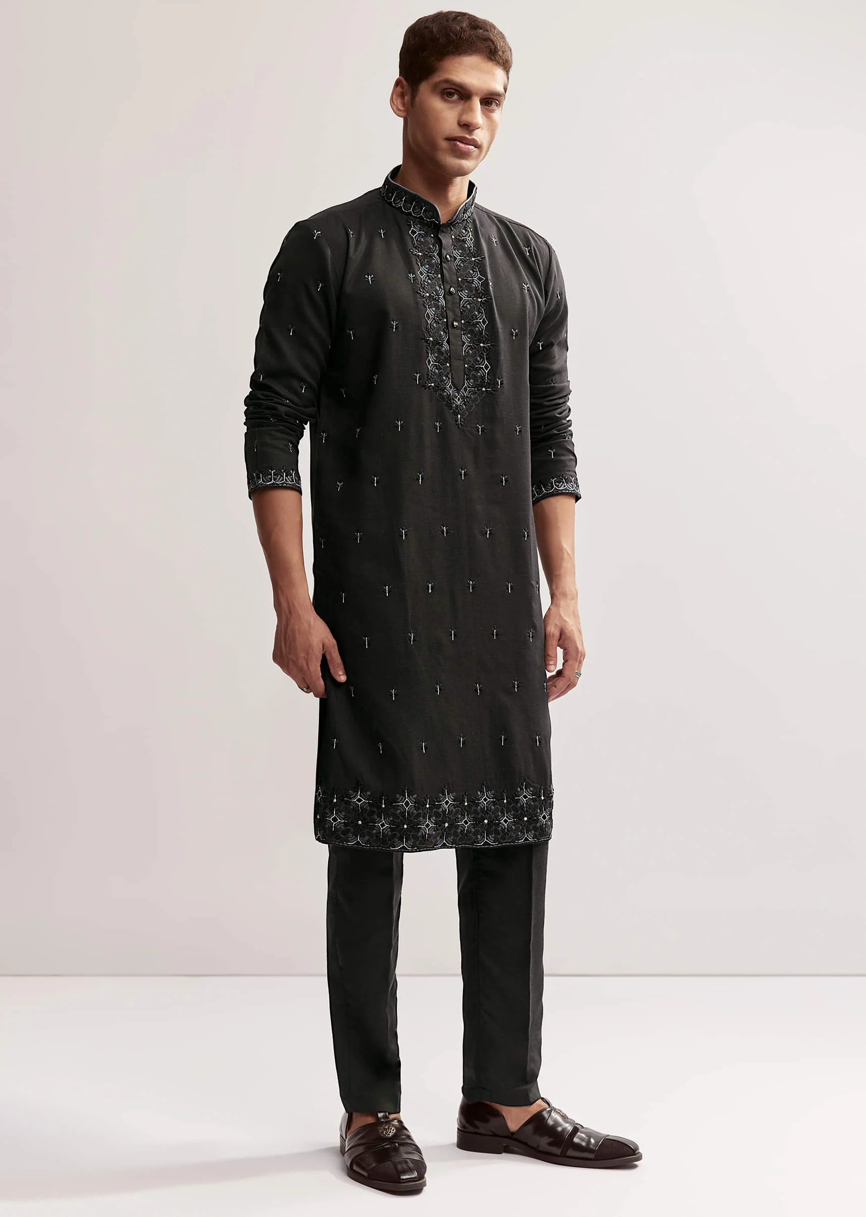 Black Linen Kurta Set For Men With Resham And Moti Work - Image 4
