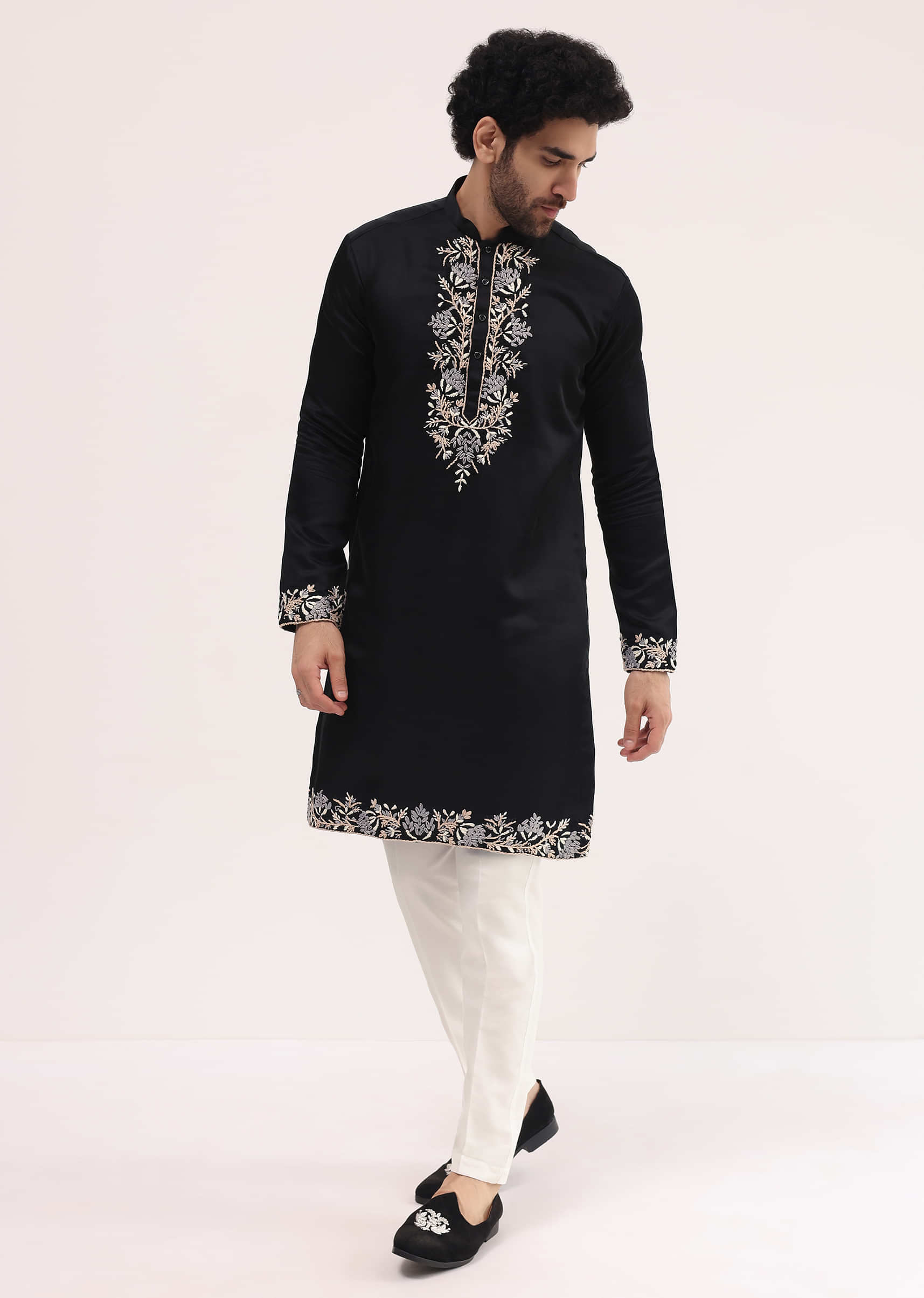 Black Linen Kurta Set With Resham Work For Men - Image 2