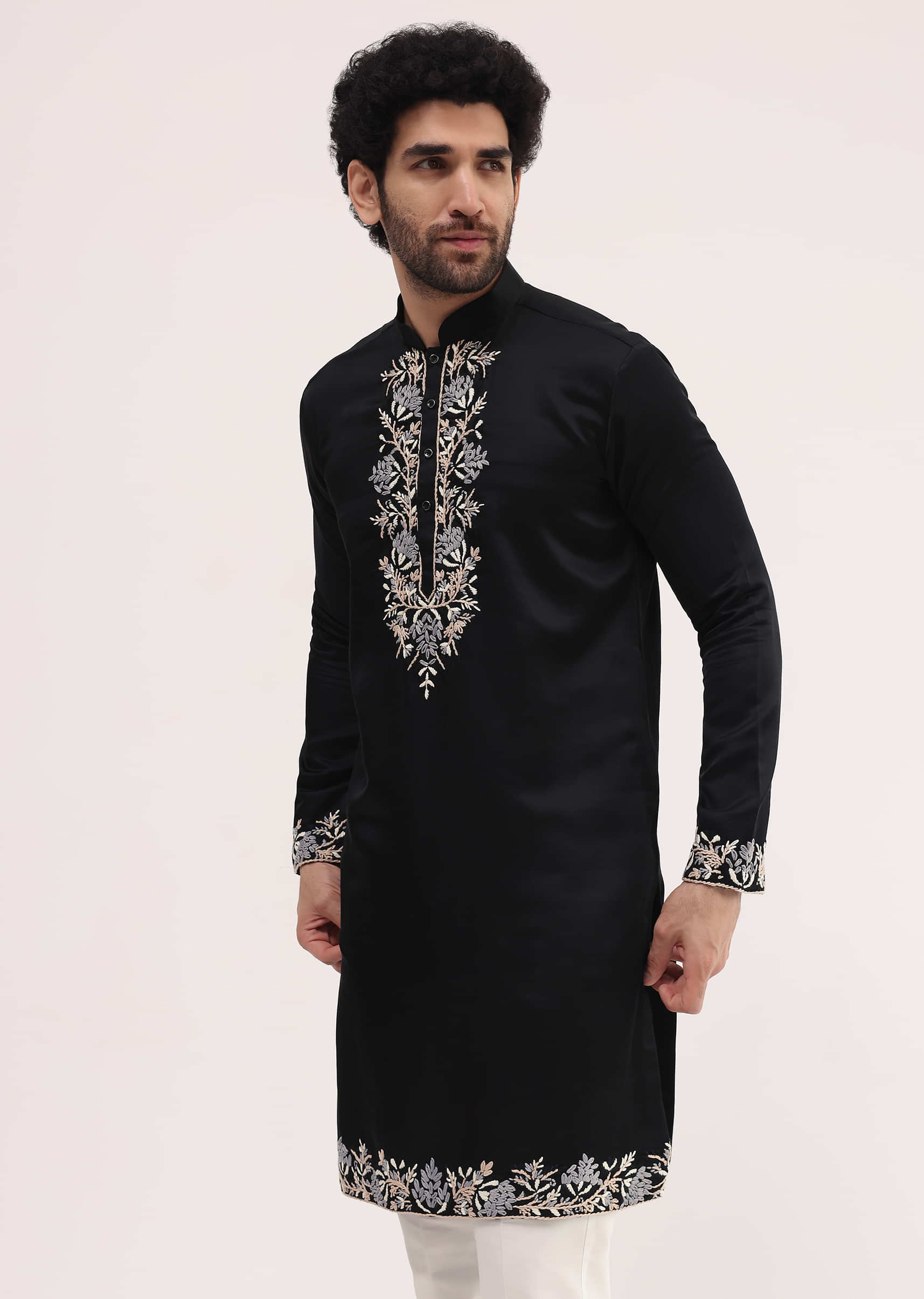Black Linen Kurta Set With Resham Work For Men - Image 3