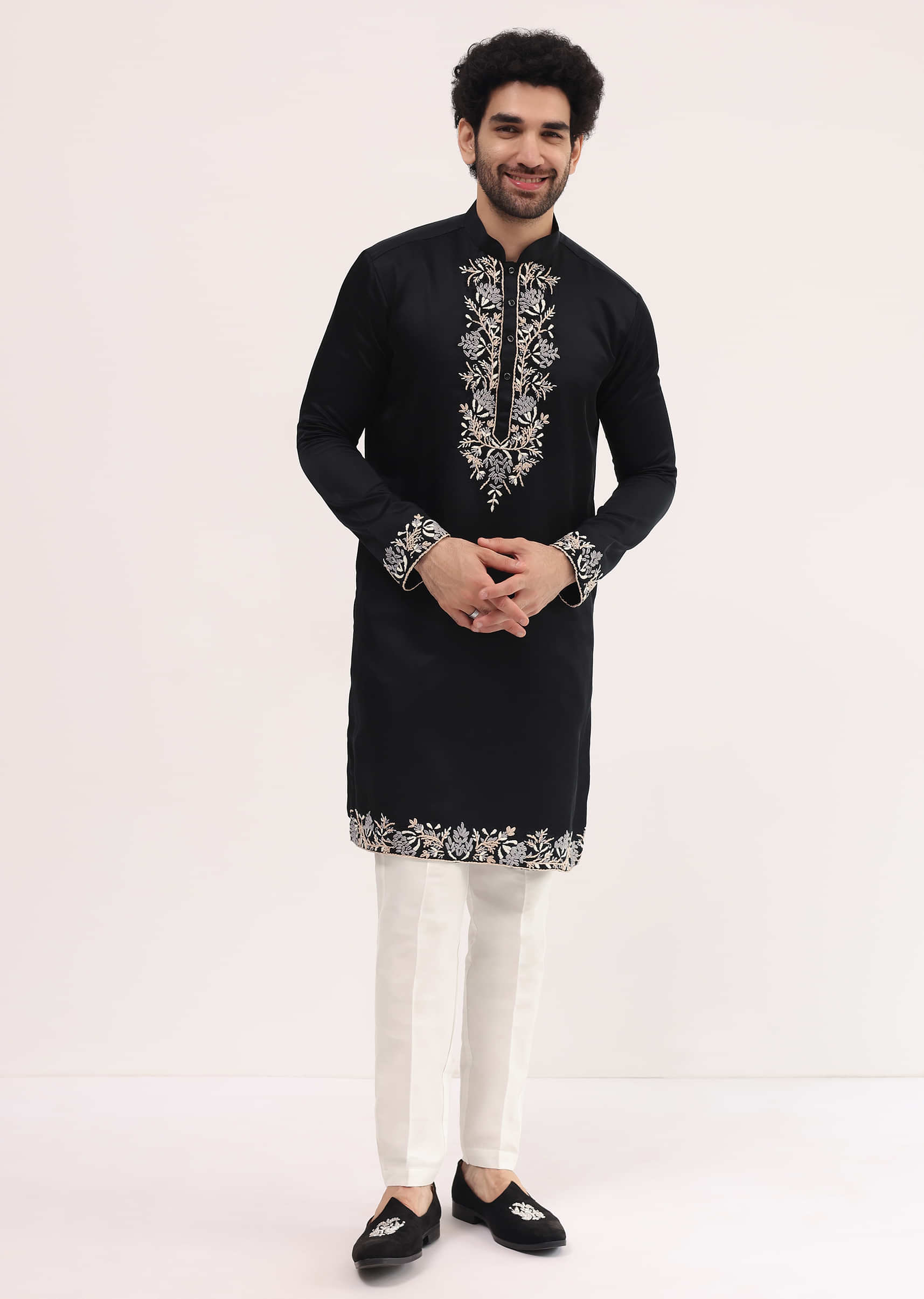 Black Linen Kurta Set With Resham Work For Men - Image 4