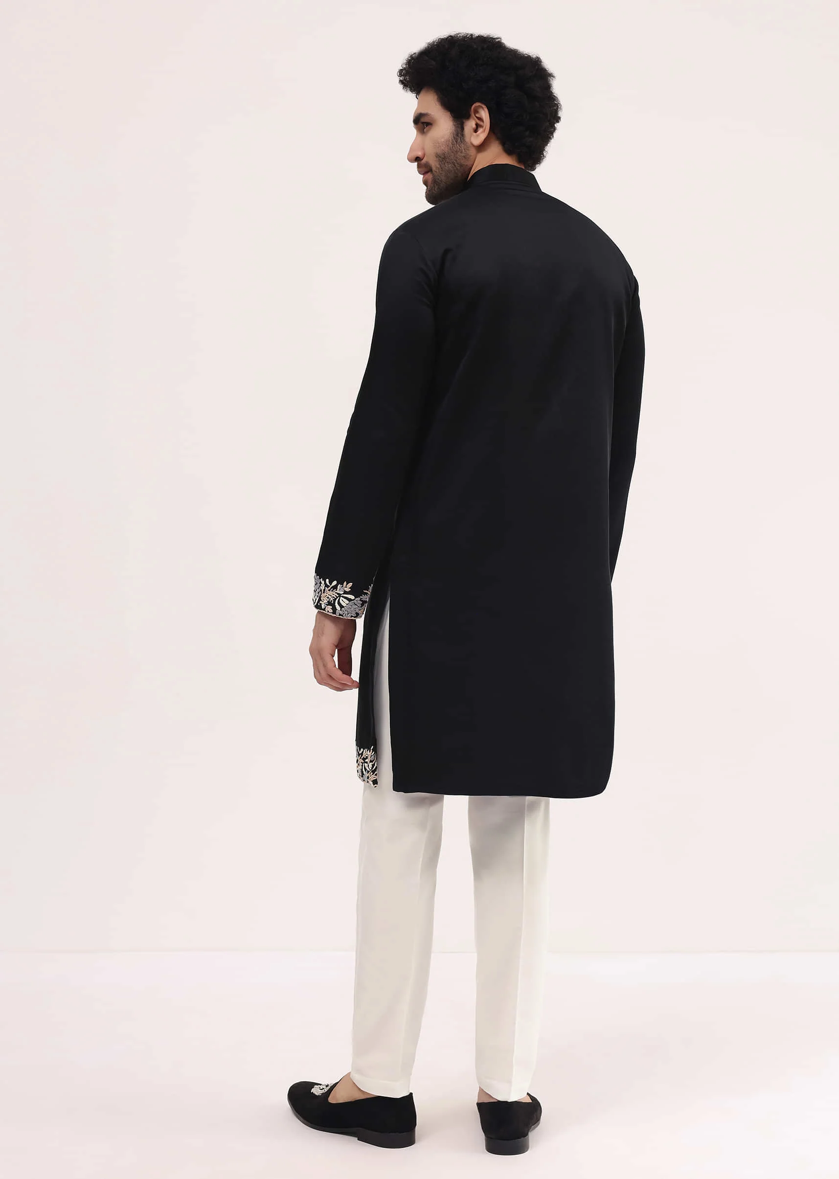 Black Linen Kurta Set With Resham Work For Men - Image 5