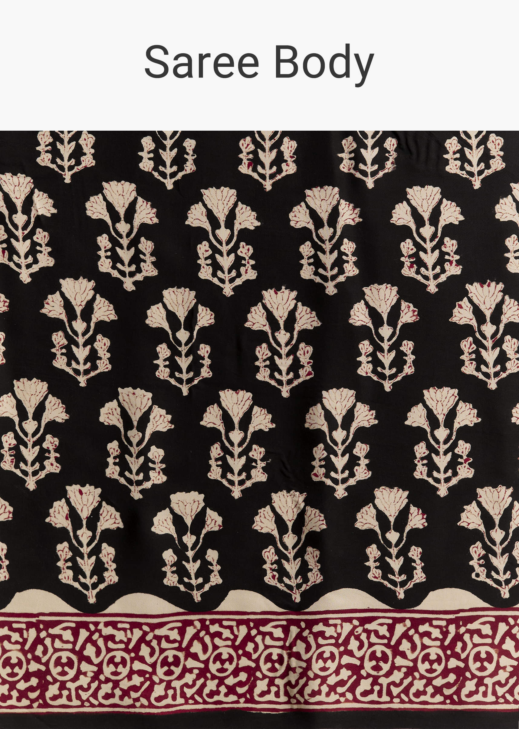 Black Linen Printed Saree With Hand Block Ajrakh Leaf Print - Image 9