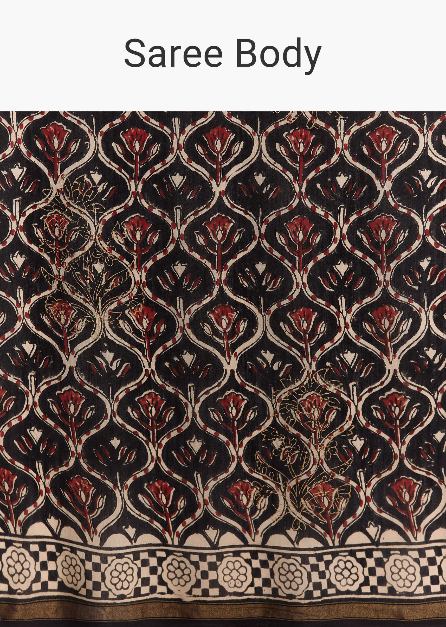 Black Linen Saree With Authentic Ajrakh Print And Maroon Border - Image 9