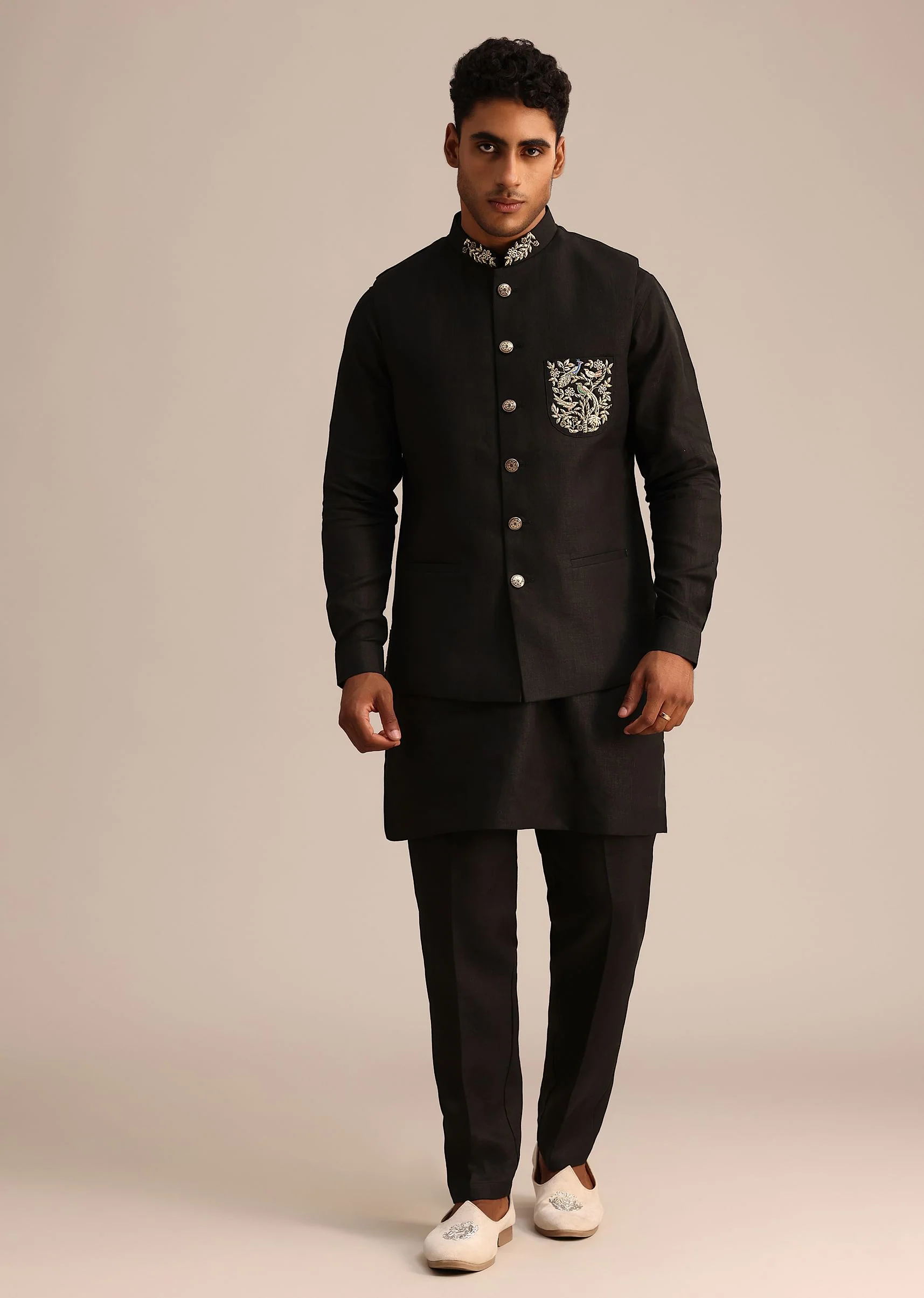 Black Linen Zardosi Embroidered Jacket Kurta Set - Image 2