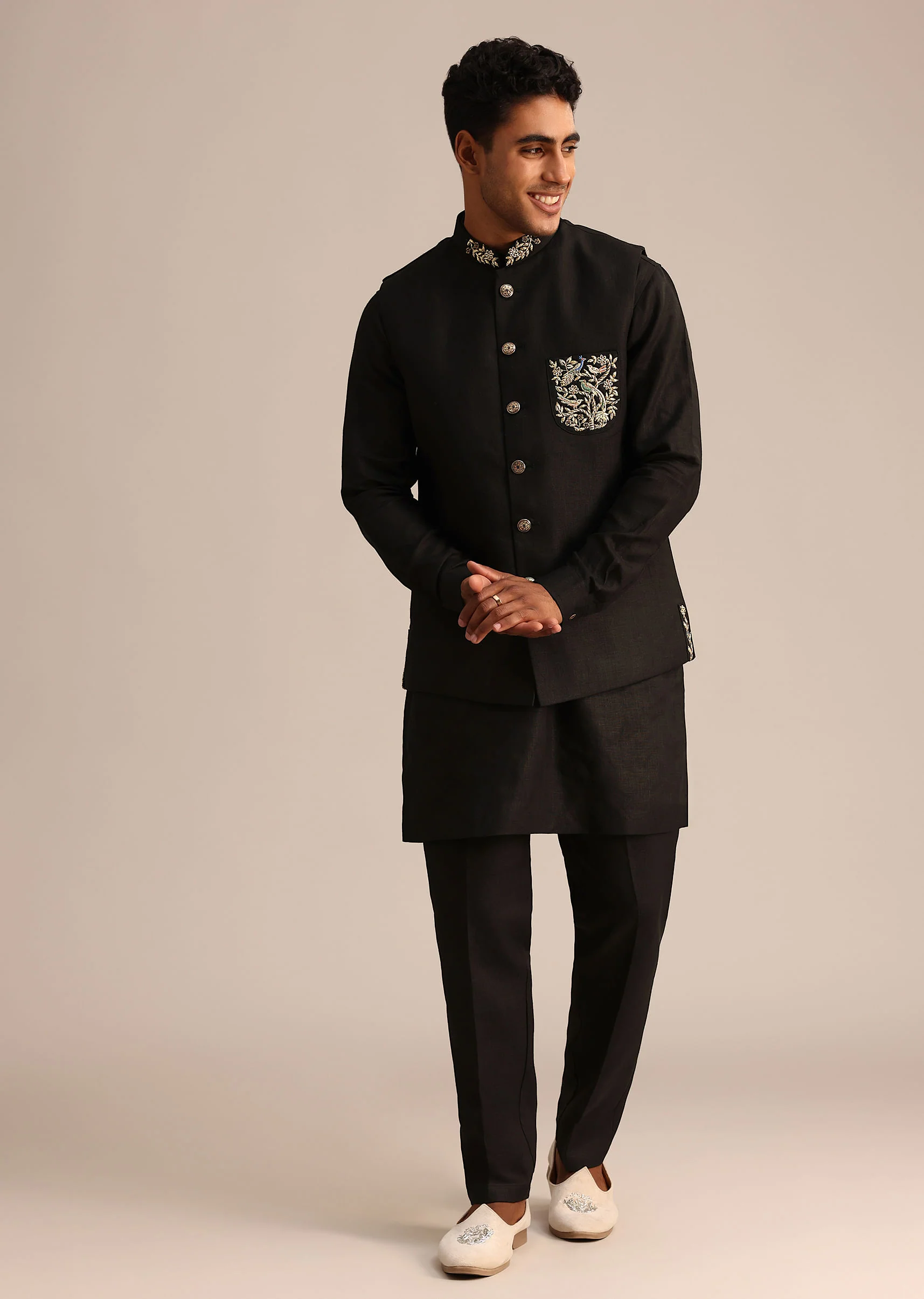 Black Linen Zardosi Embroidered Jacket Kurta Set - Image 4