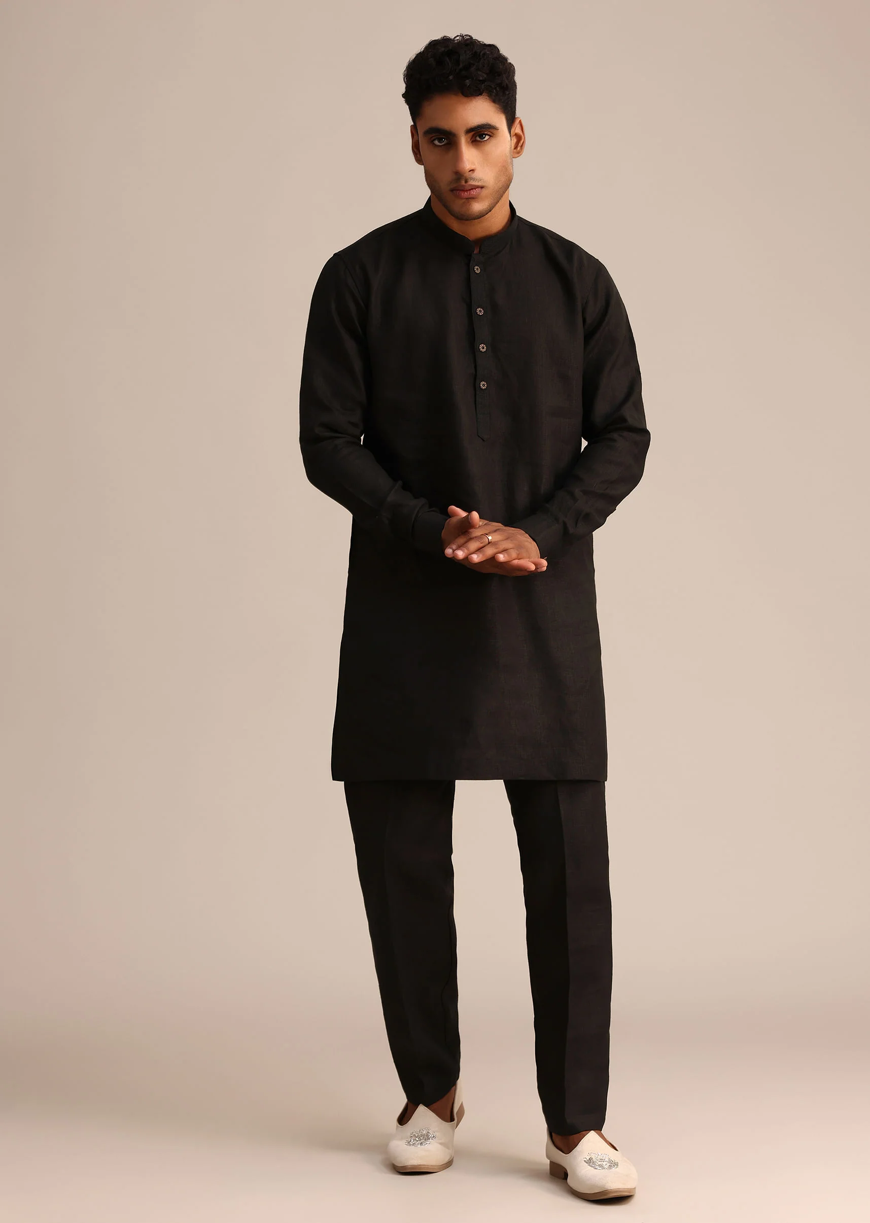Black Linen Zardosi Embroidered Jacket Kurta Set - Image 5