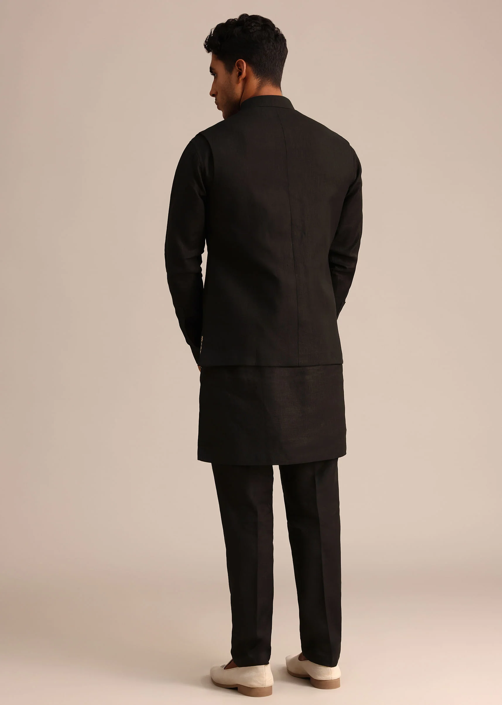 Black Linen Zardosi Embroidered Jacket Kurta Set - Image 6