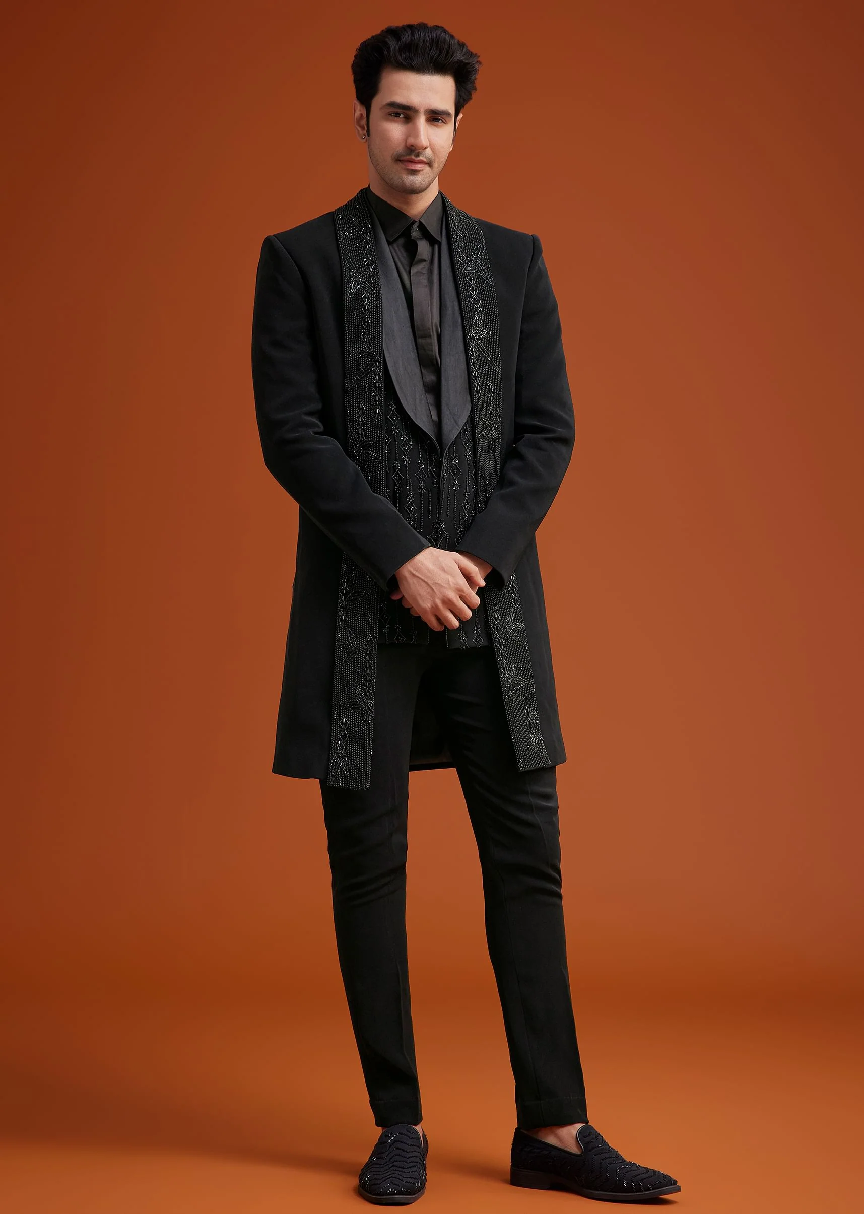 Black Long Open Jacket Set With Tonal Beaded Embroidery - Image 2