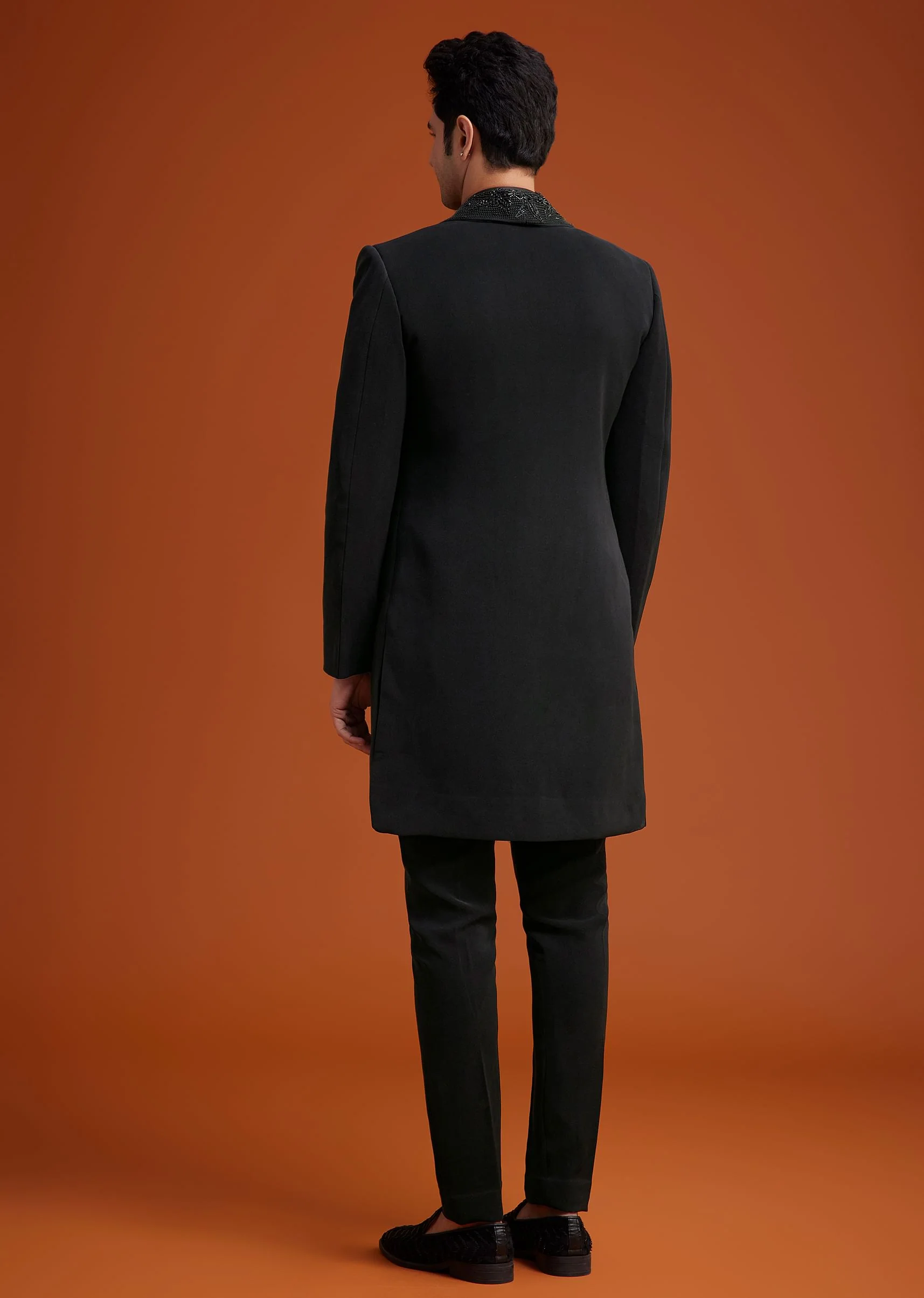 Black Long Open Jacket Set With Tonal Beaded Embroidery - Image 5