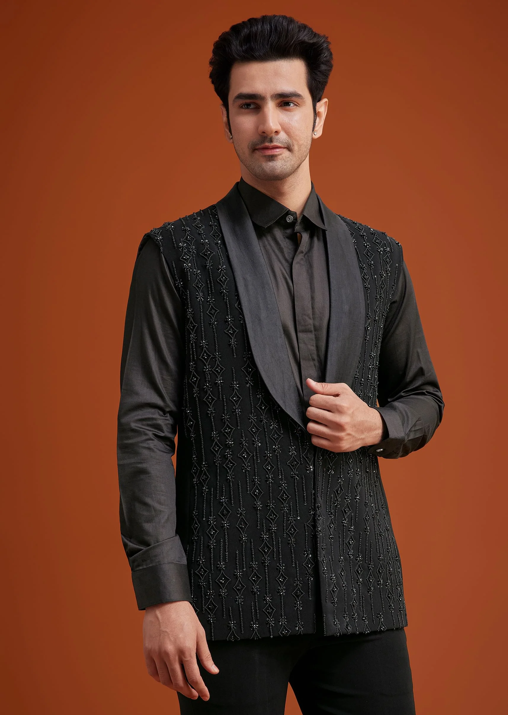 Black Long Open Jacket Set With Tonal Beaded Embroidery - Image 6