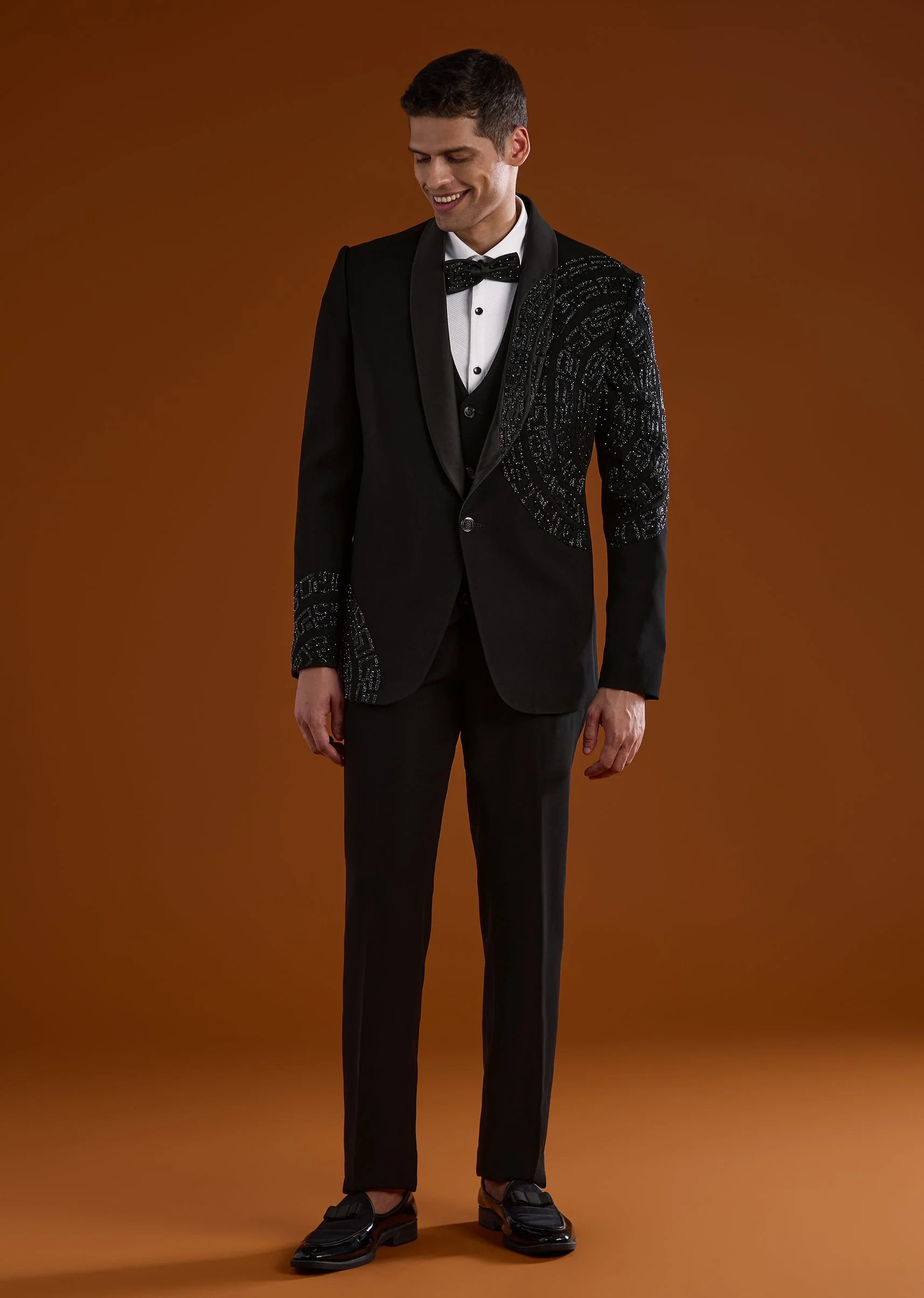 Black Mens Tuxedo With Cut Dana And Diamond Work - Image 2