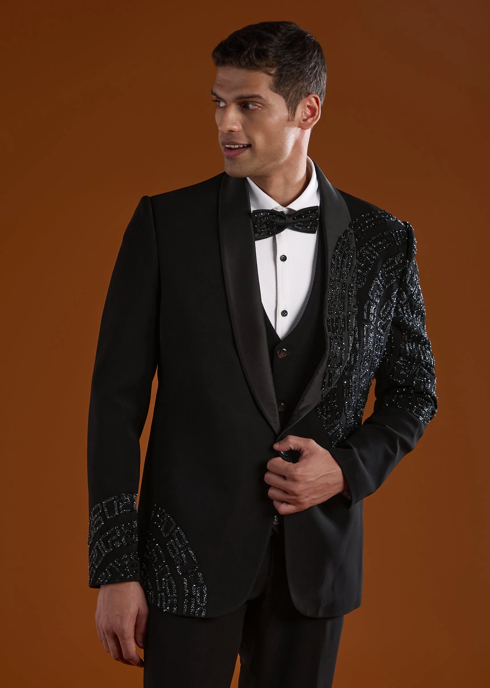 Black Mens Tuxedo With Cut Dana And Diamond Work - Image 3