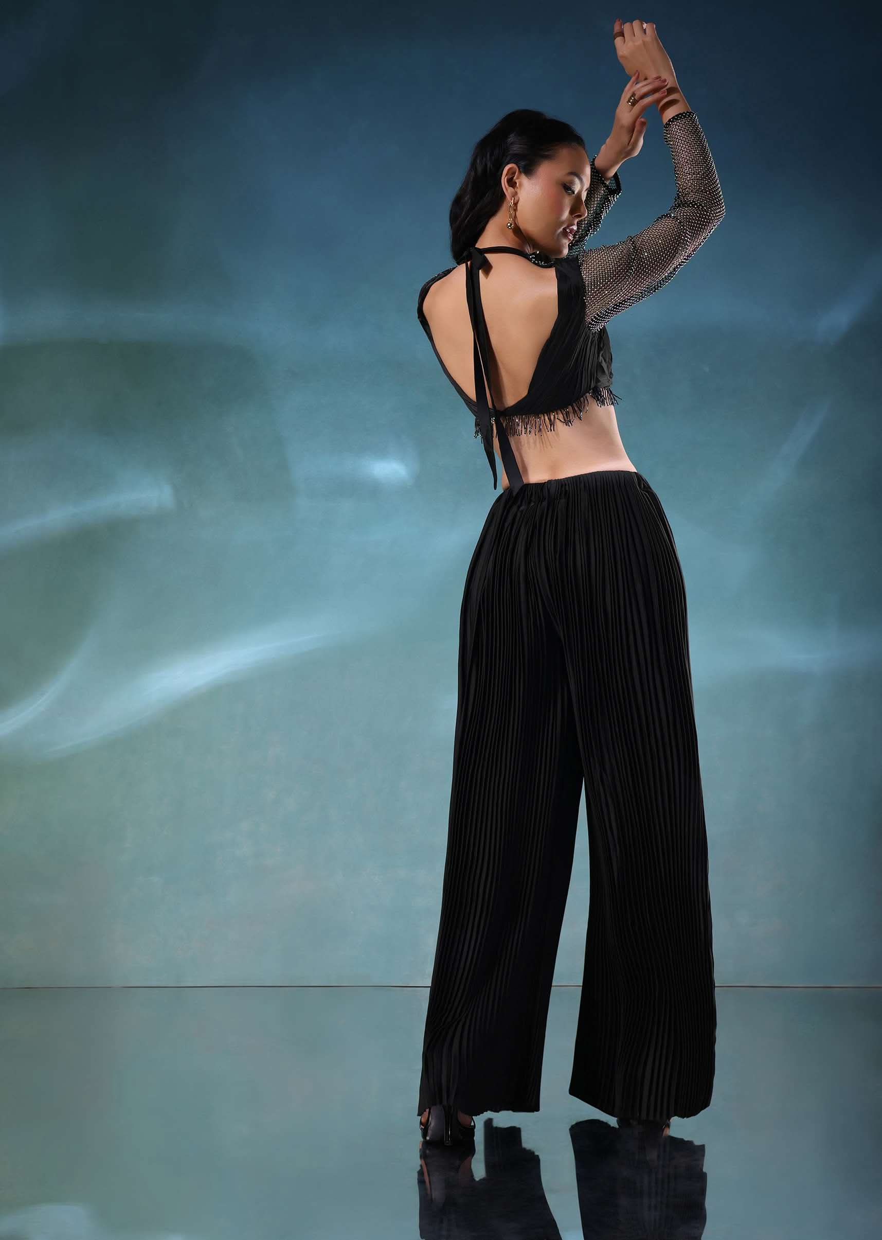 Black Mesh Blouse And Palazzo Set In Satin - Image 5