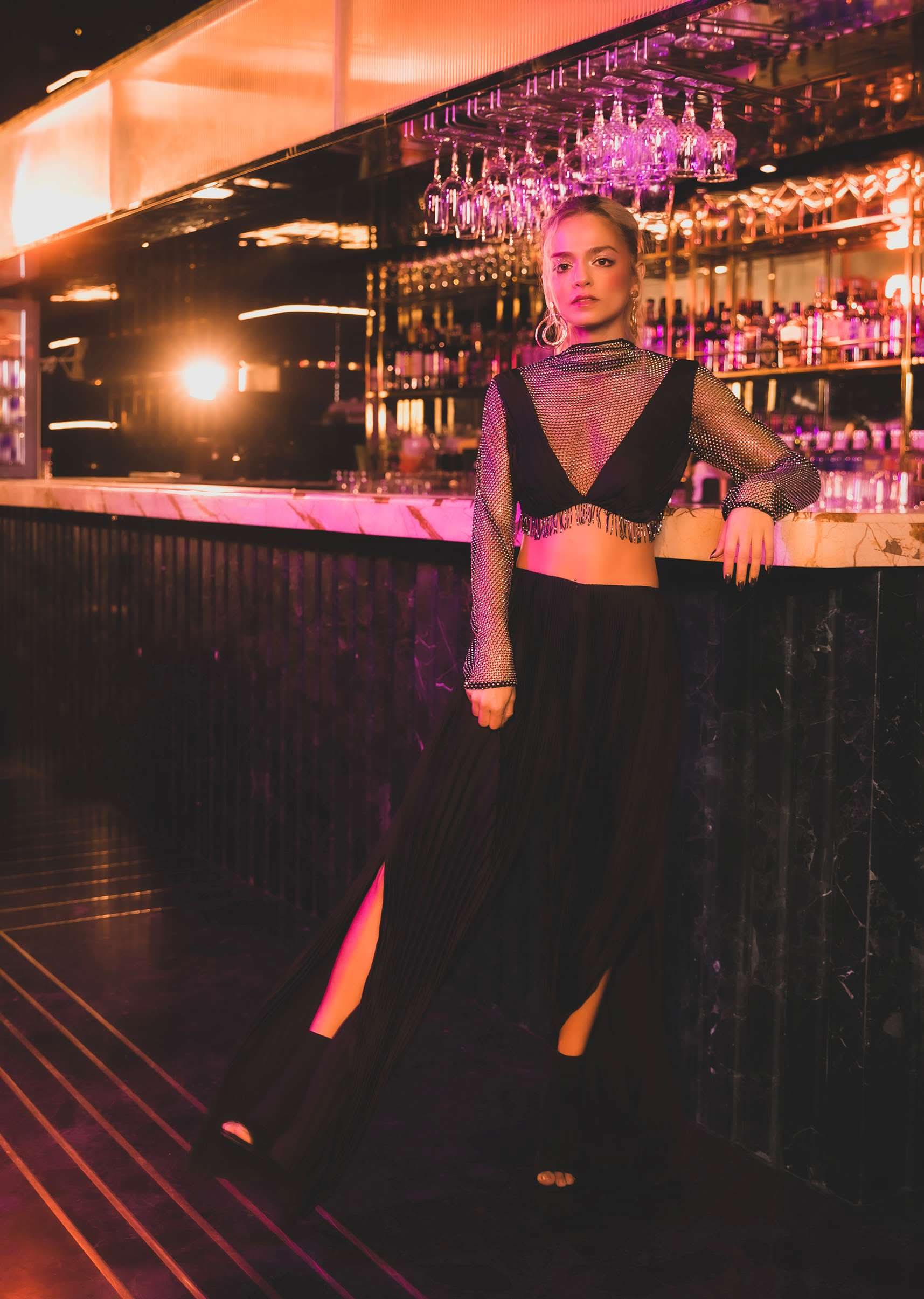 Black Mesh Blouse And Palazzo Set In Satin - Image 6