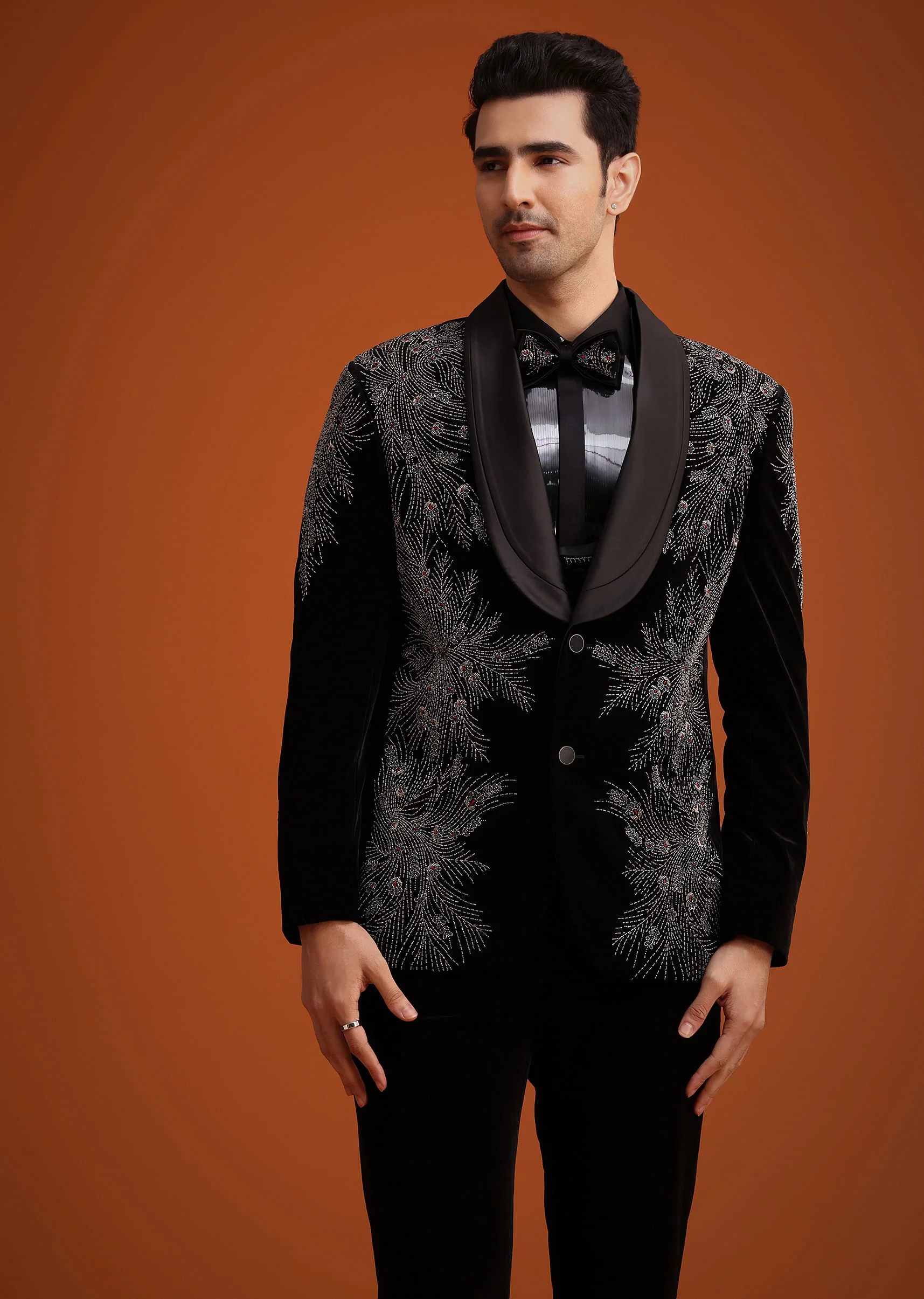 Black Micro Velvet Cutdana Embellished Tuxedo Set - Image 4