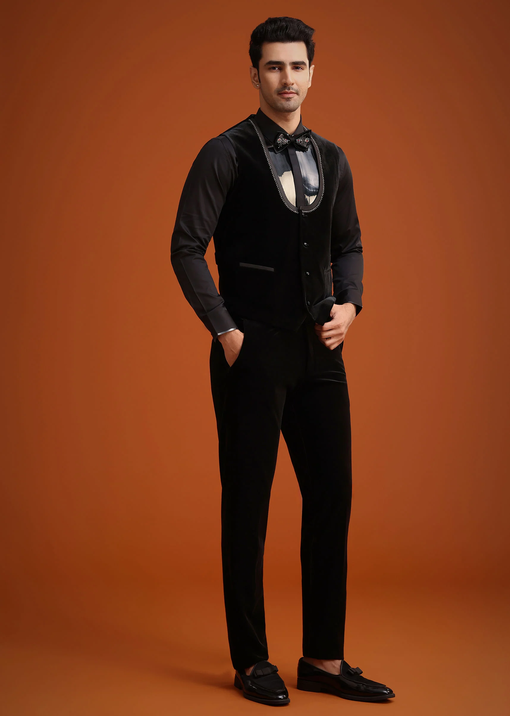 Black Micro Velvet Cutdana Embellished Tuxedo Set - Image 6
