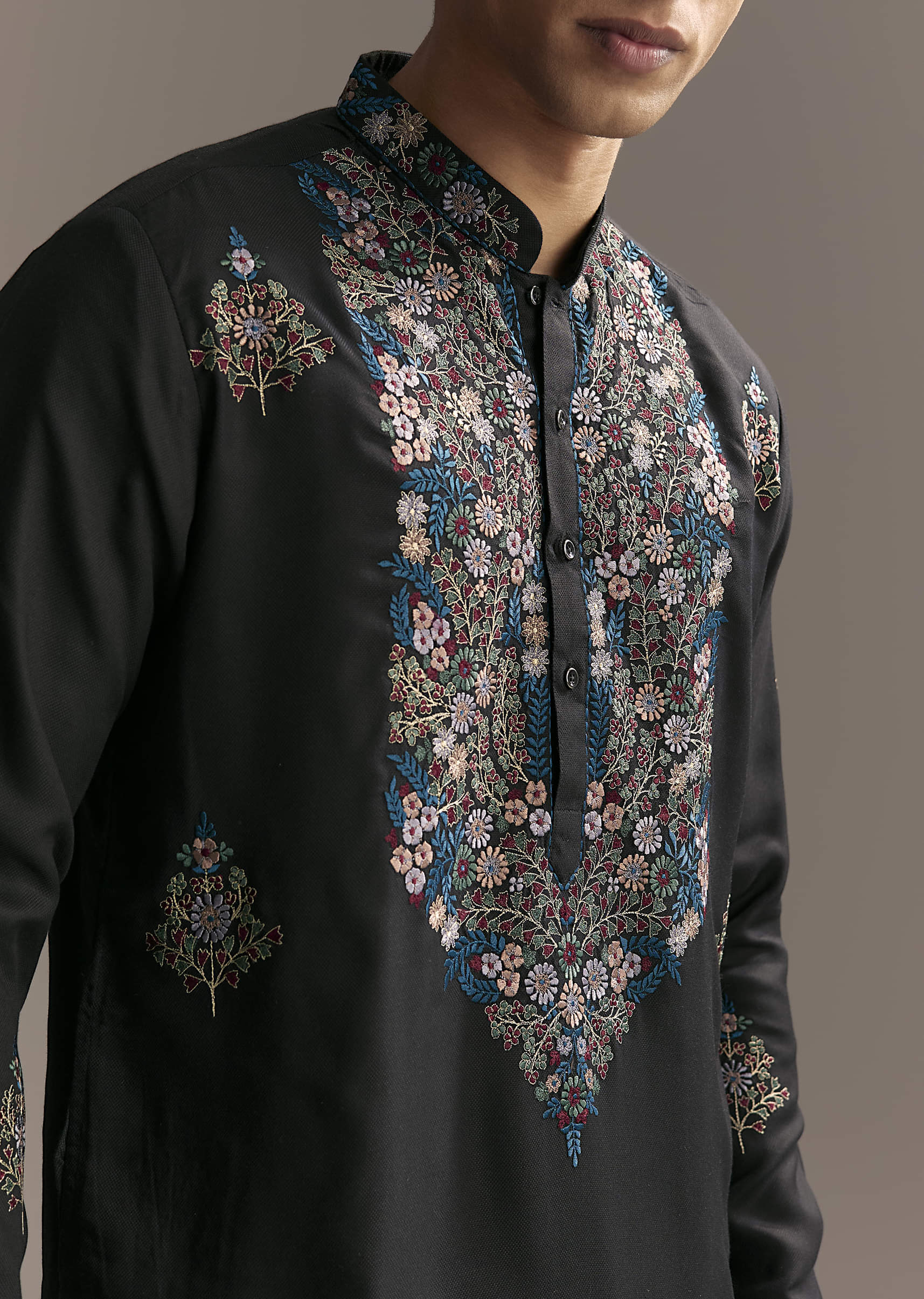 Black Modal Kurta Set For Men With Floral Resham Embroidery - Image 2