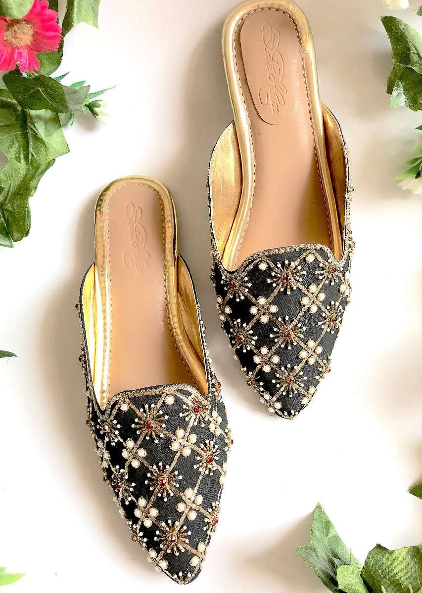 Black Mules With Maroon Swarovski And Zari Detailing By Sole House - Image 2